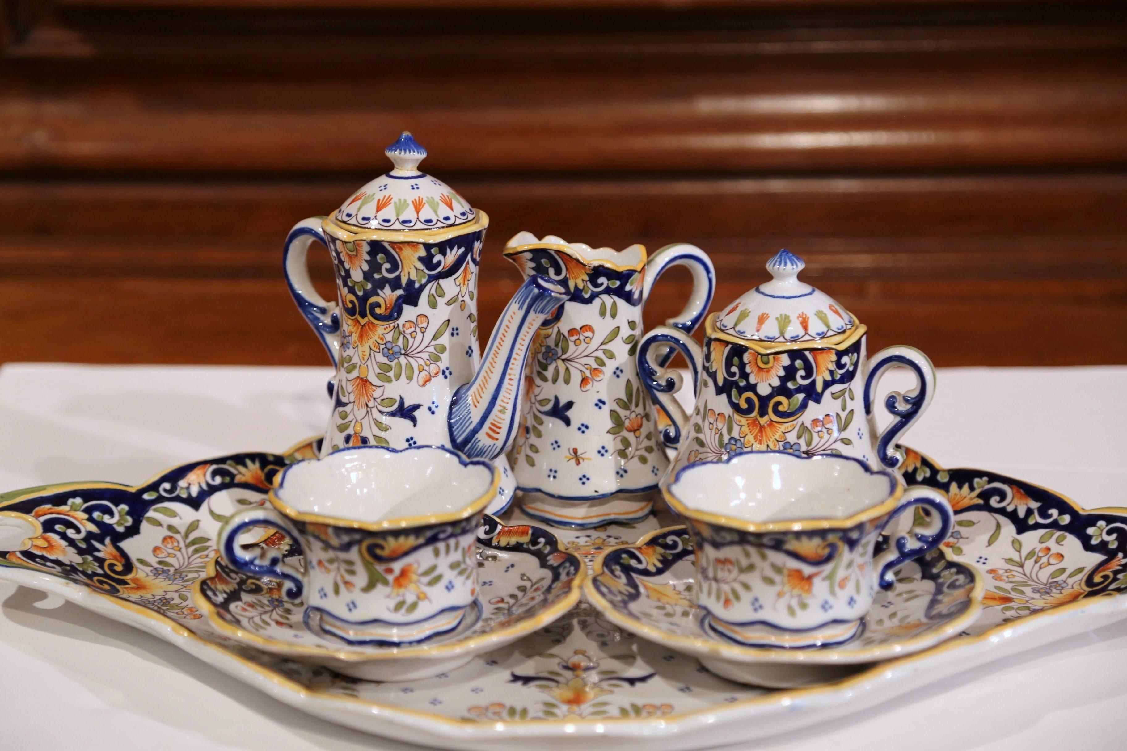 Early 20th Century French Hand Painted Faience Coffee Set from Blois In Excellent Condition For Sale In Dallas, TX