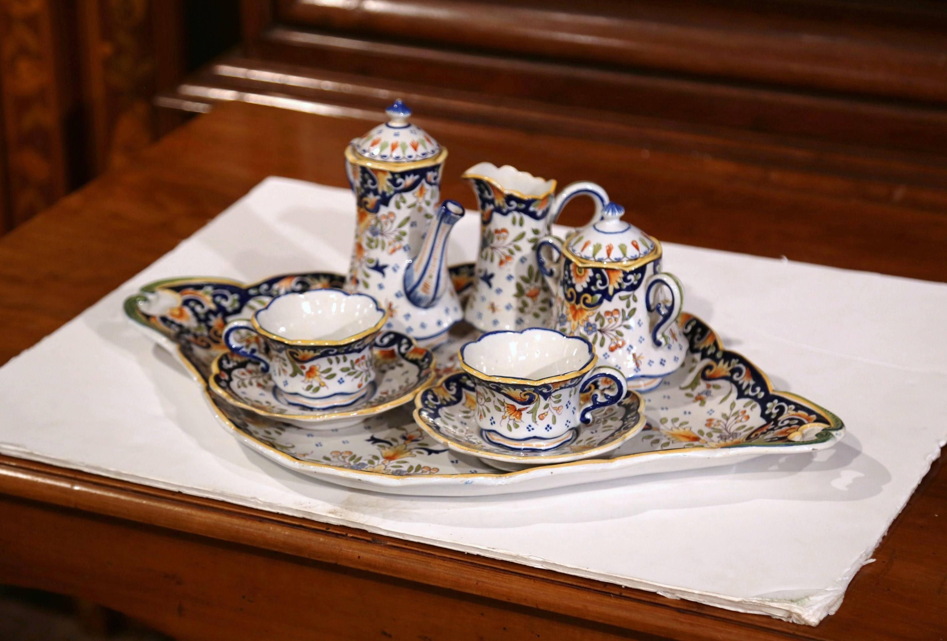 Early 20th Century French Hand Painted Faience Coffee Set from Blois For Sale 1
