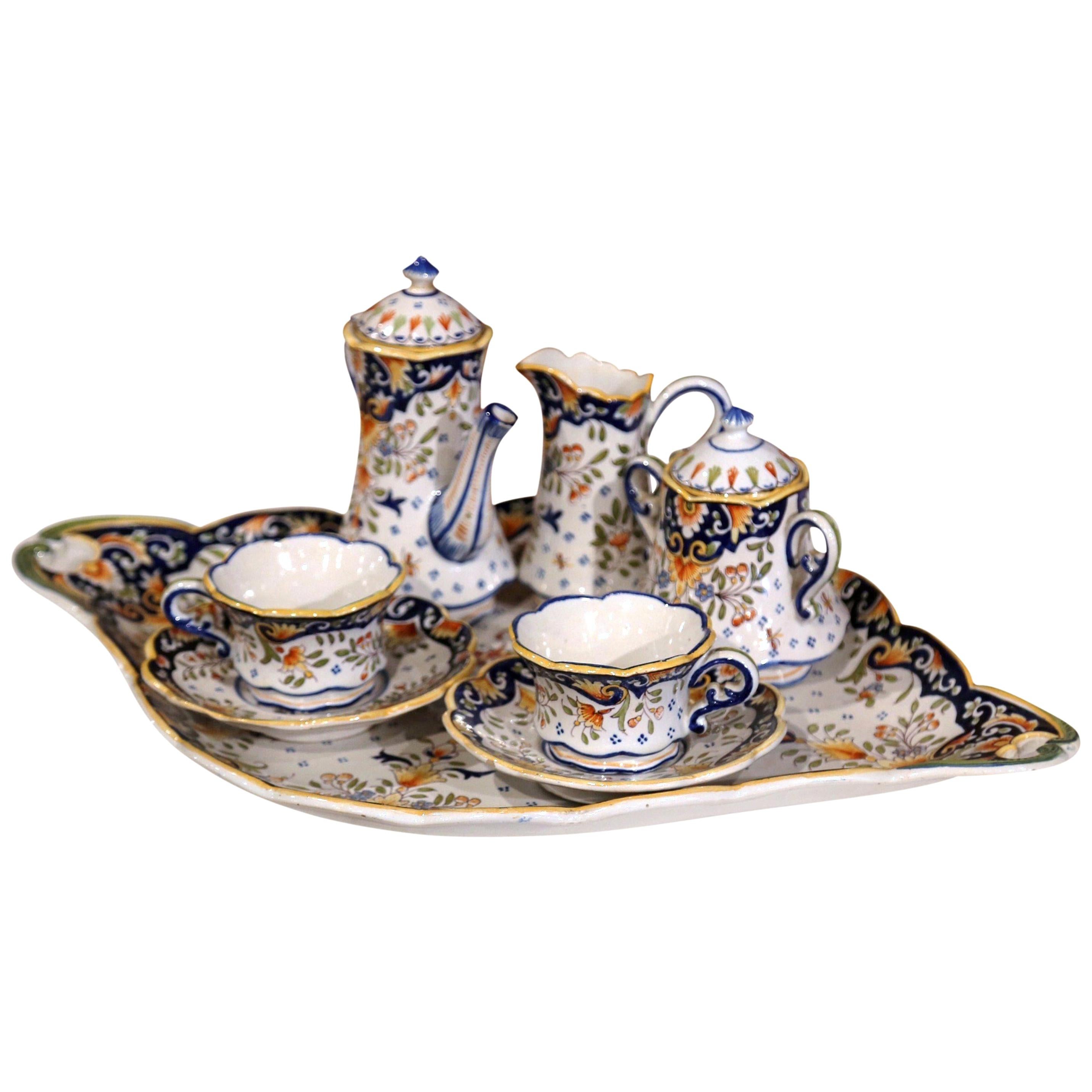 Early 20th Century French Hand Painted Faience Coffee Set from Blois For Sale