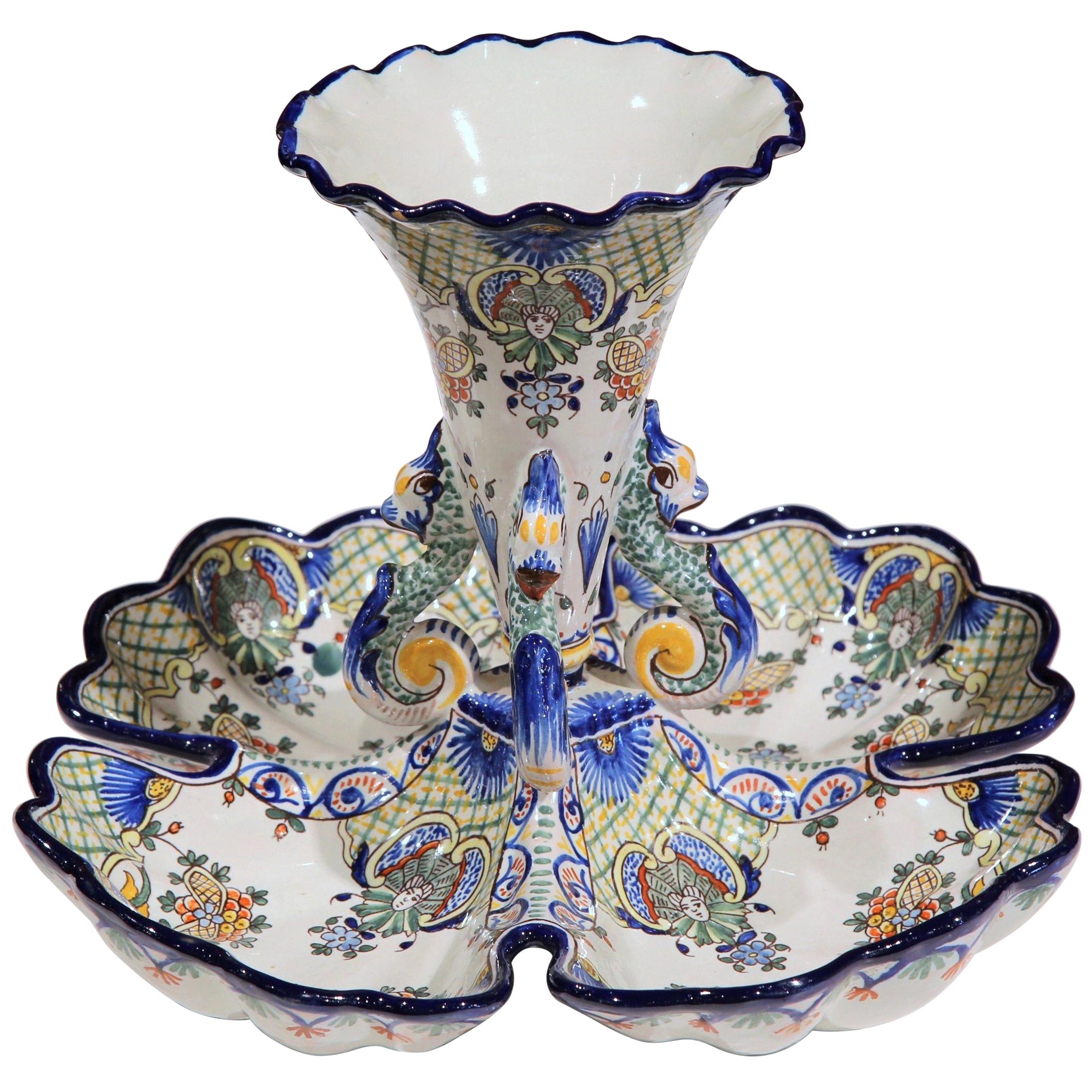 Early 20th Century French Hand Painted Faience Dish with Vase from Nevers
