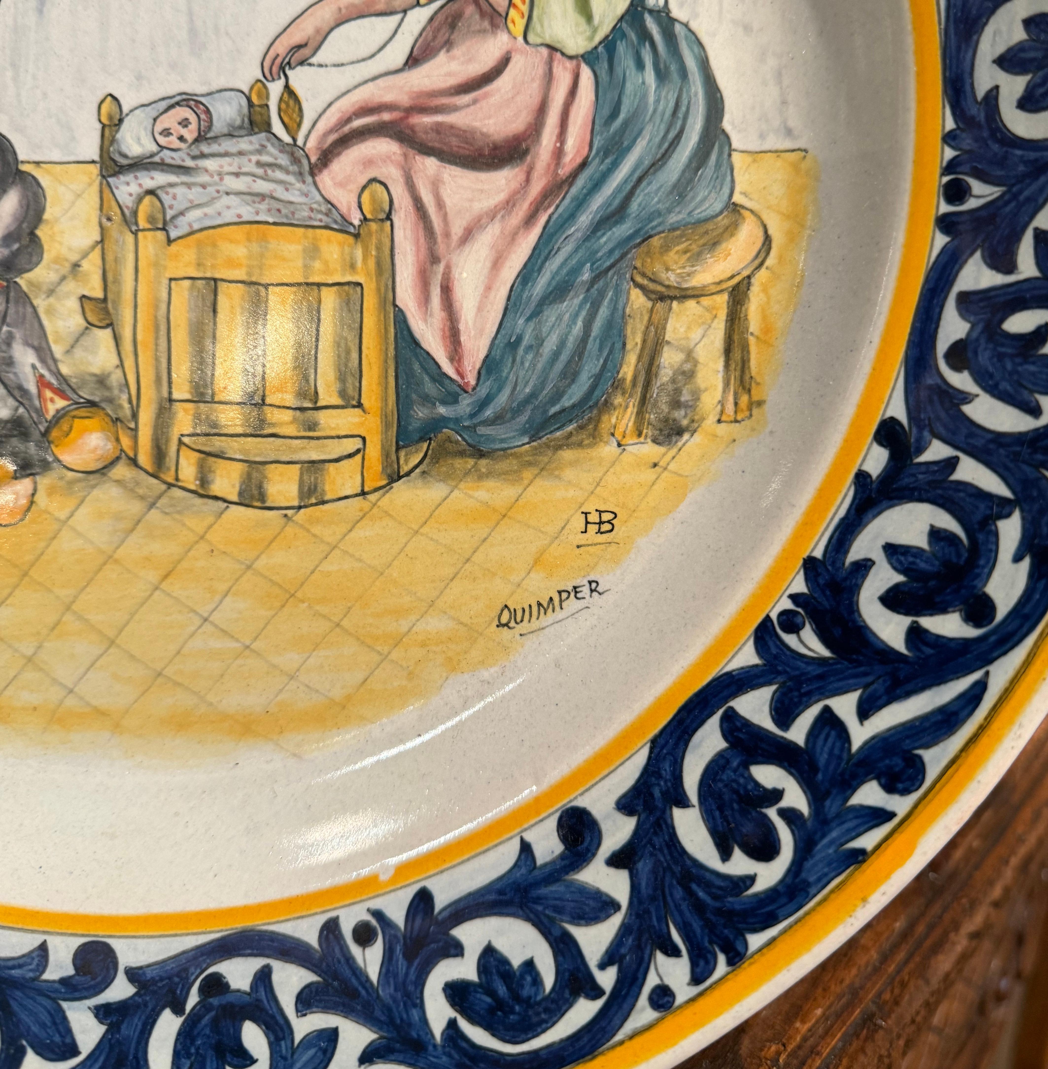 Plato Quimper HB de loza pintado a mano francés de principios del siglo XX Francés en venta