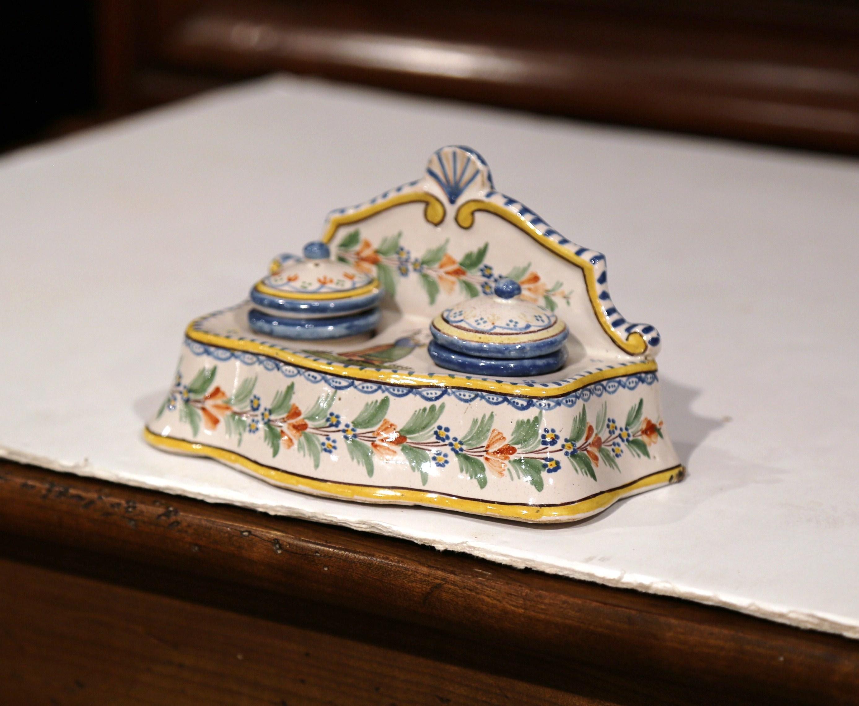 Early 20th Century French Hand-Painted Faience Inkwell Signed HR Quimper 1