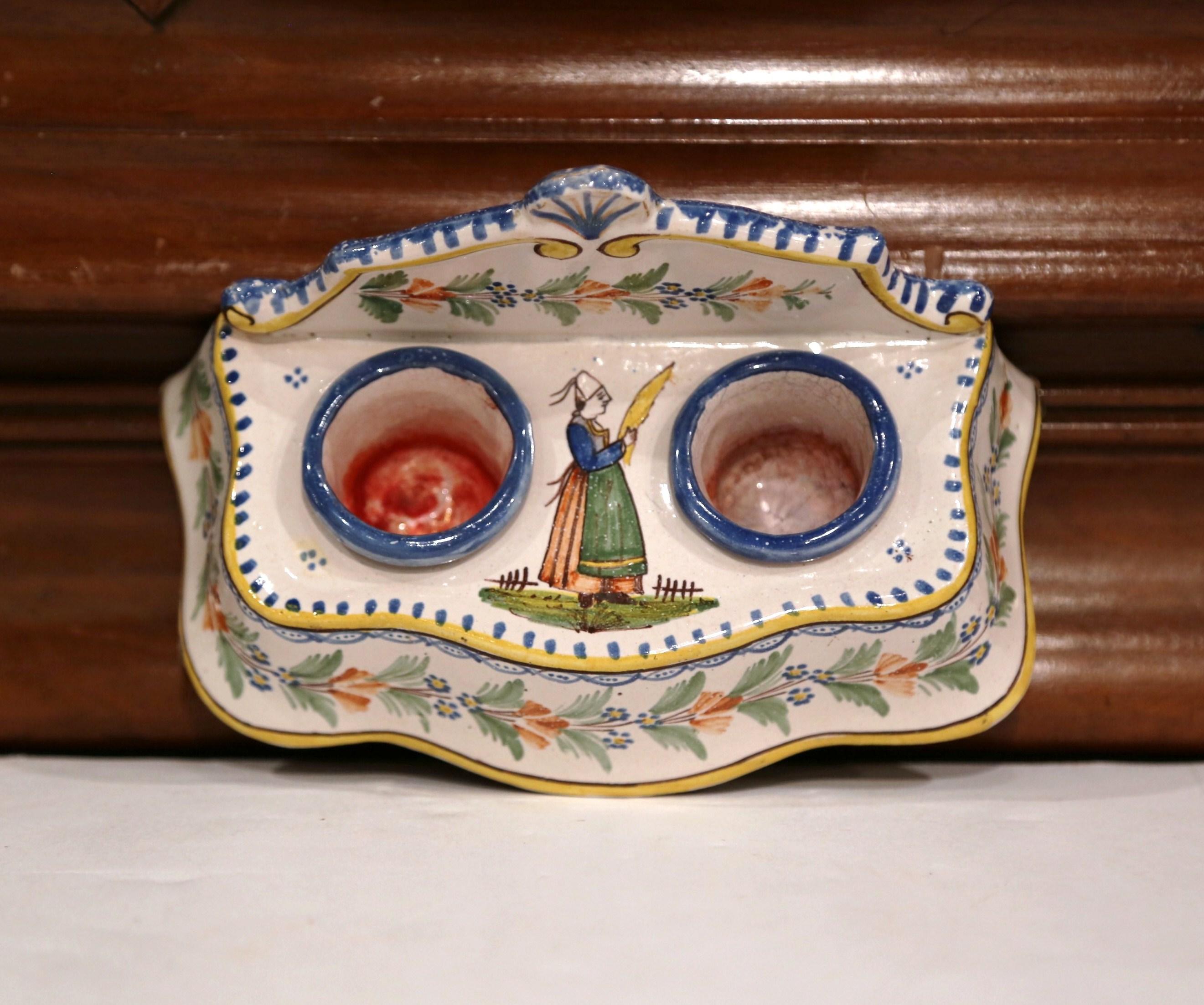 Early 20th Century French Hand-Painted Faience Inkwell Signed HR Quimper 2