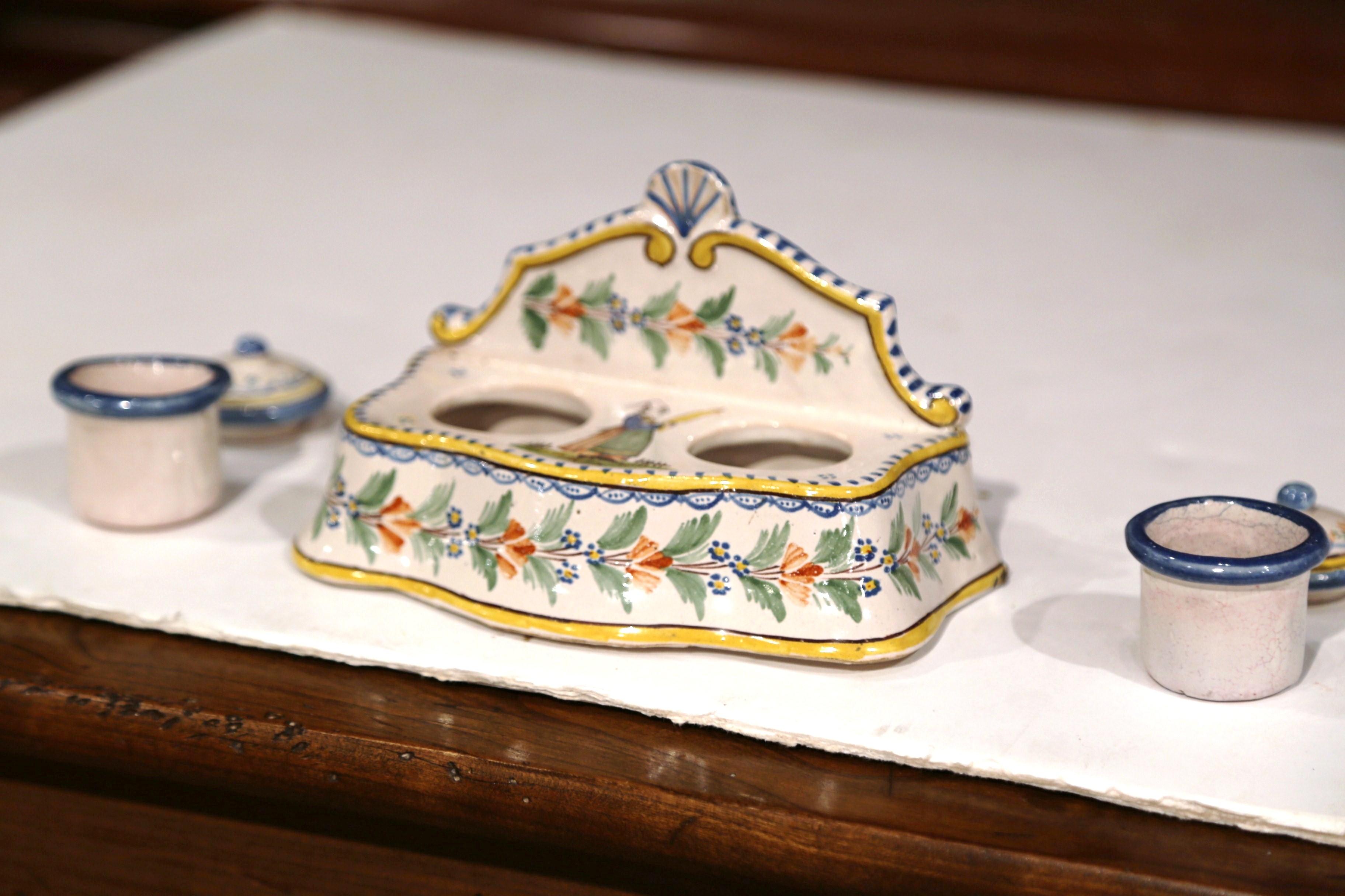 Early 20th Century French Hand-Painted Faience Inkwell Signed HR Quimper 3