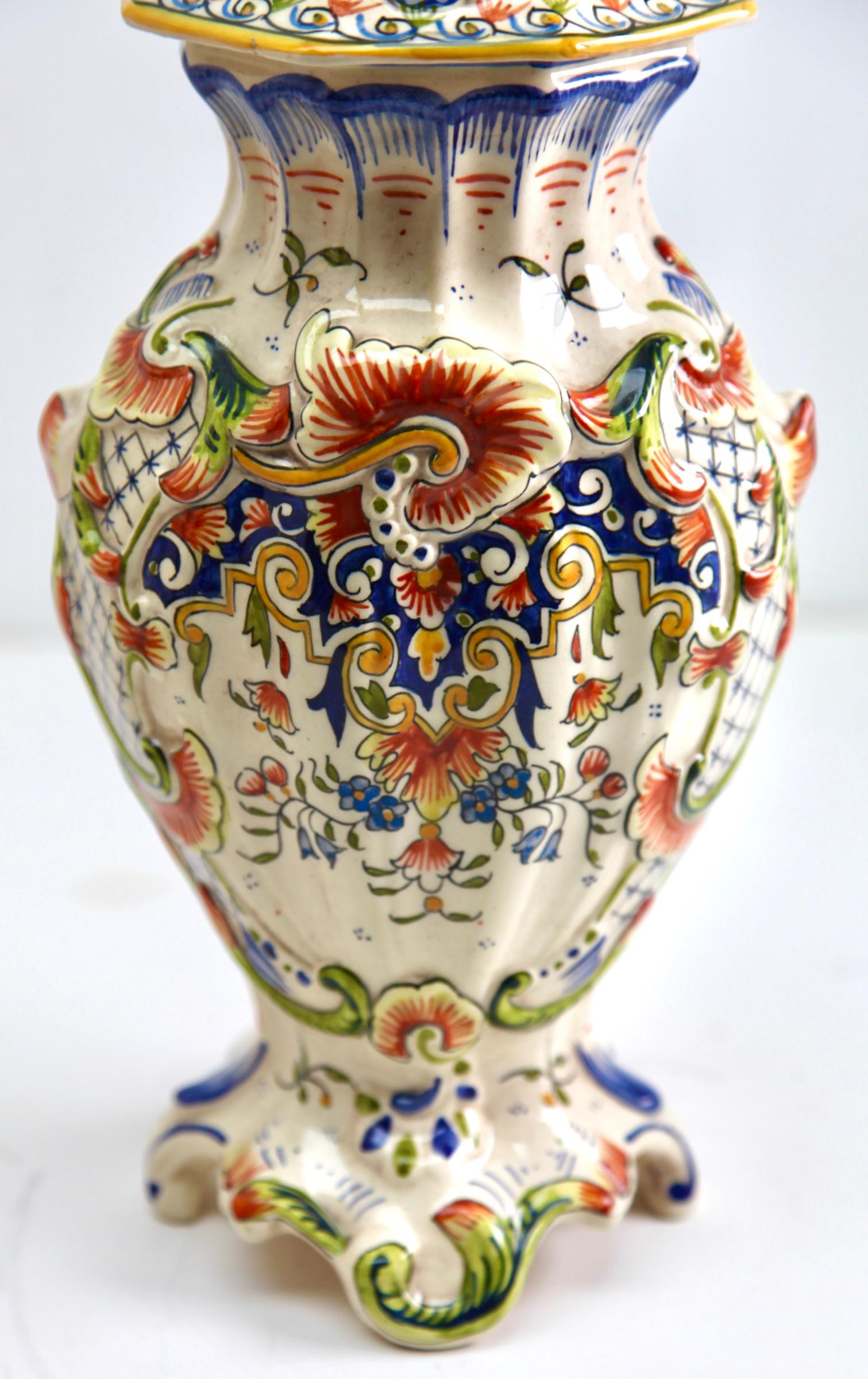 Hand-Crafted Early 20th Century French Hand-Painted Faience Large Vasse from Rouen For Sale