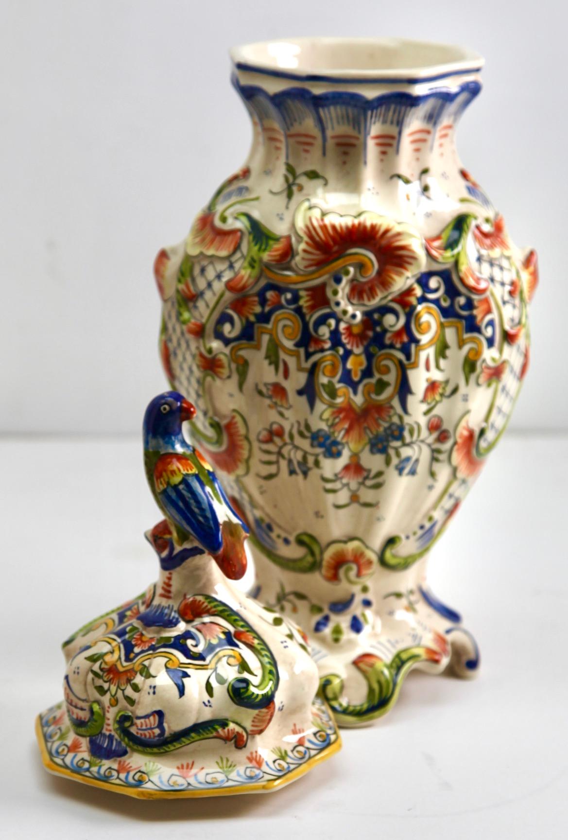 Early 20th Century French Hand-Painted Faience Large Vasse from Rouen For Sale 1