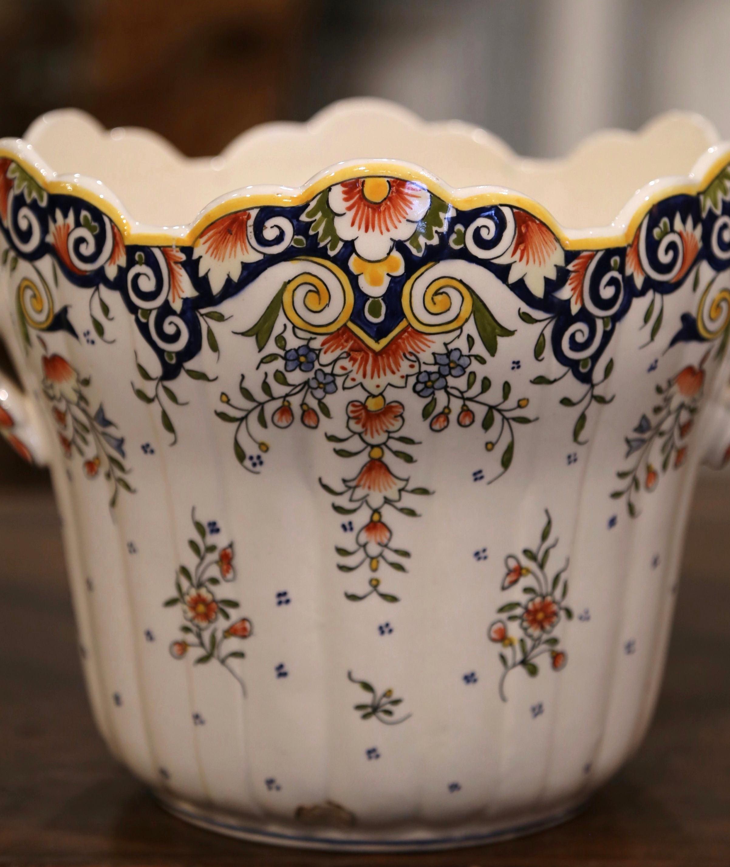 Hand-Crafted Early 20th Century French Hand-Painted Faience Planter with Handles from Rouen