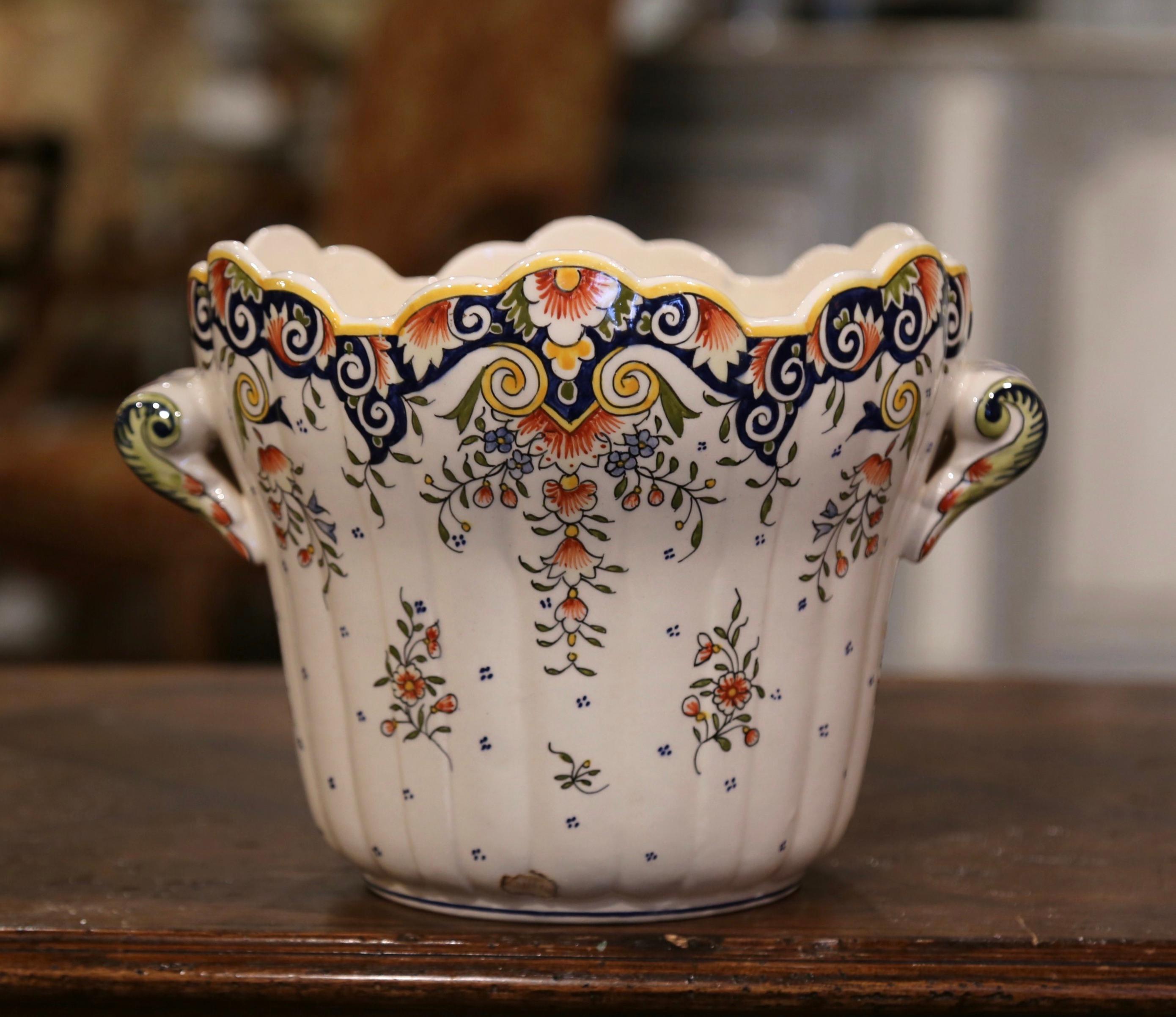 Ceramic Early 20th Century French Hand-Painted Faience Planter with Handles from Rouen
