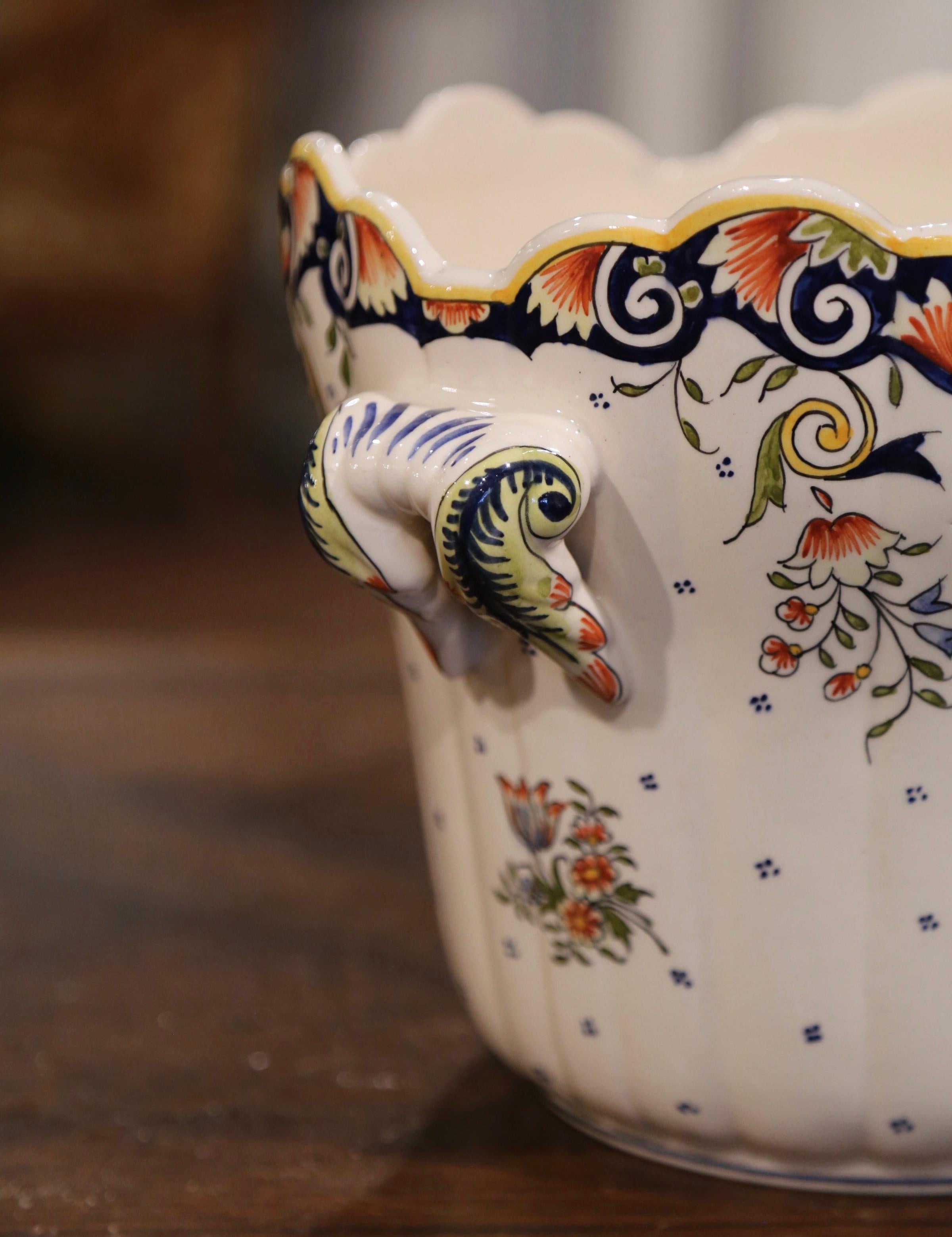 Early 20th Century French Hand-Painted Faience Planter with Handles from Rouen 1