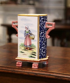 Early 20th Century French Hand Painted Faience Vase Signed HB Quimper