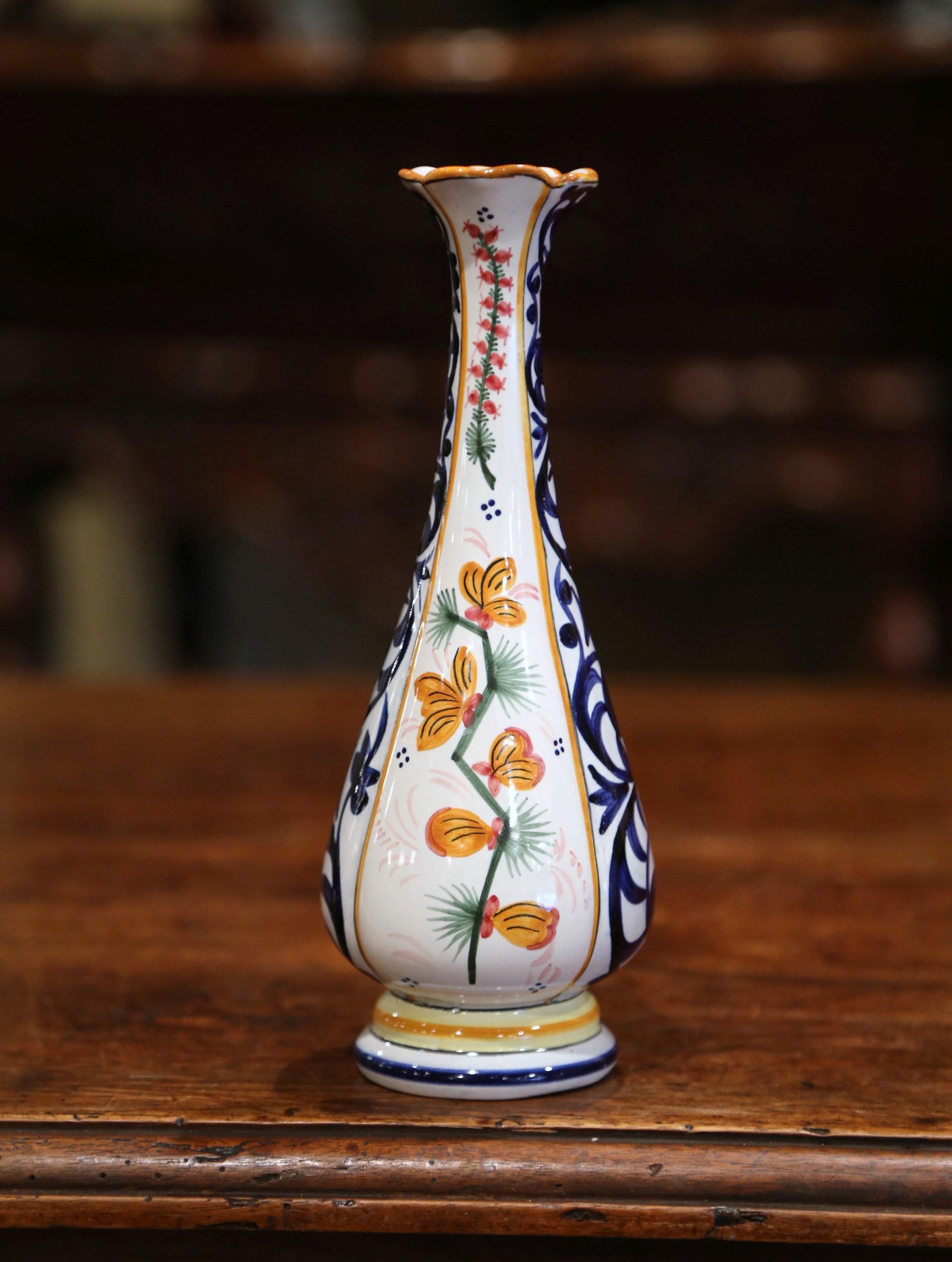 Hand-Painted Early 20th Century French Hand Painted Faience Vase Signed HB Quimper