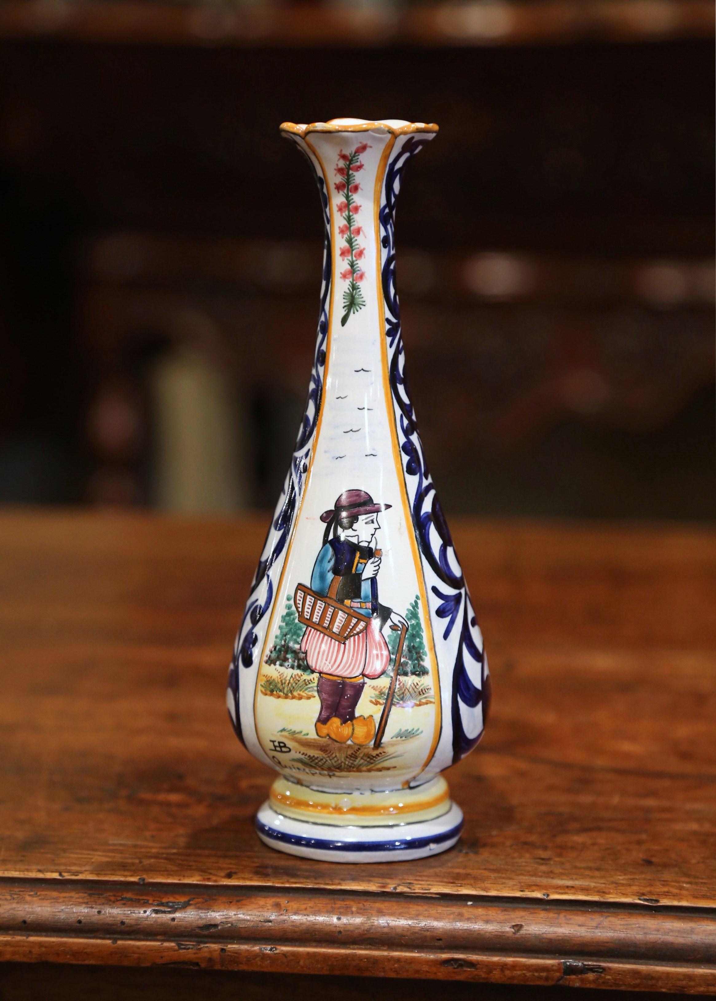 Early 20th Century French Hand Painted Faience Vase Signed HB Quimper In Excellent Condition In Dallas, TX