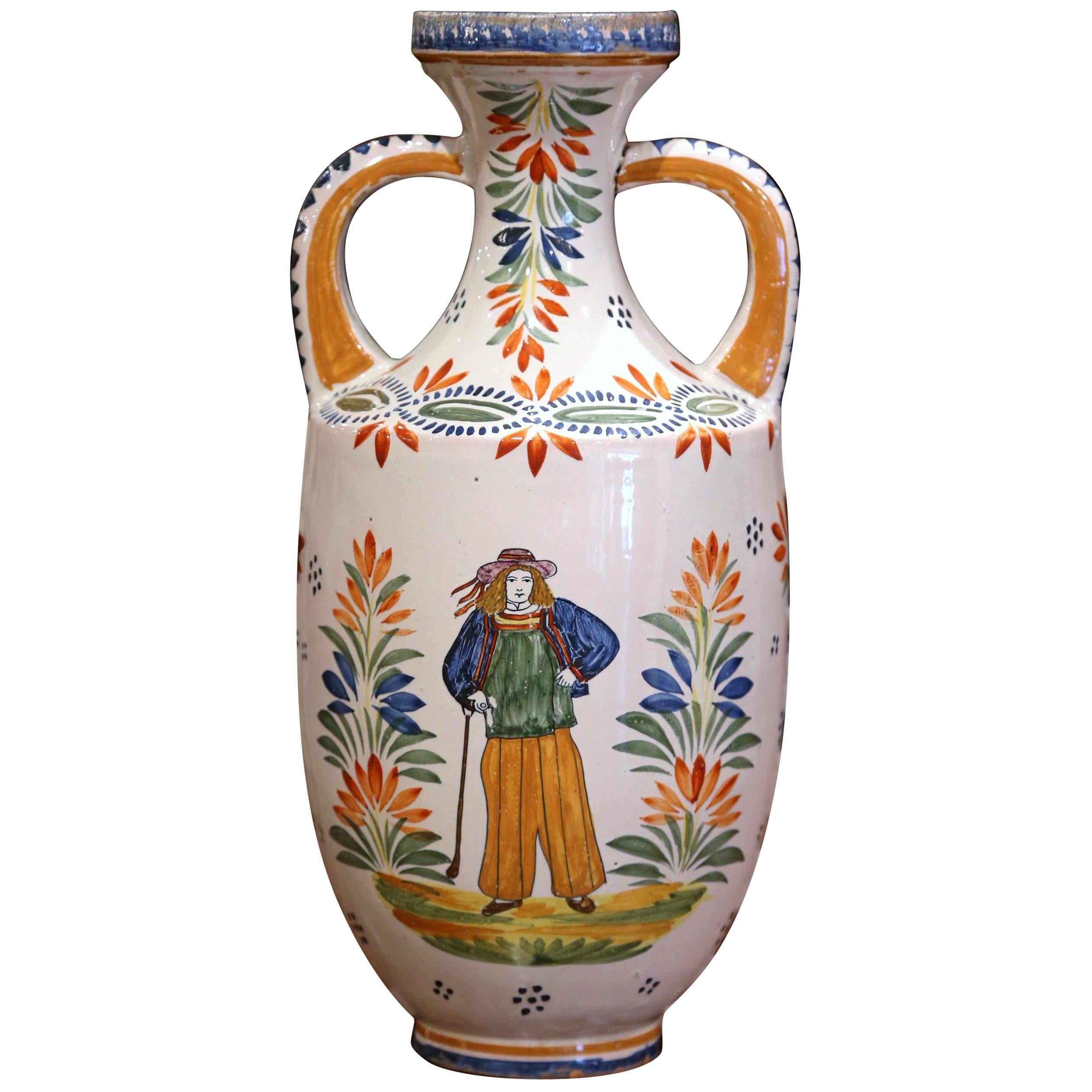 Early 20th Century French Hand Painted Faience Vase Signed Henriot