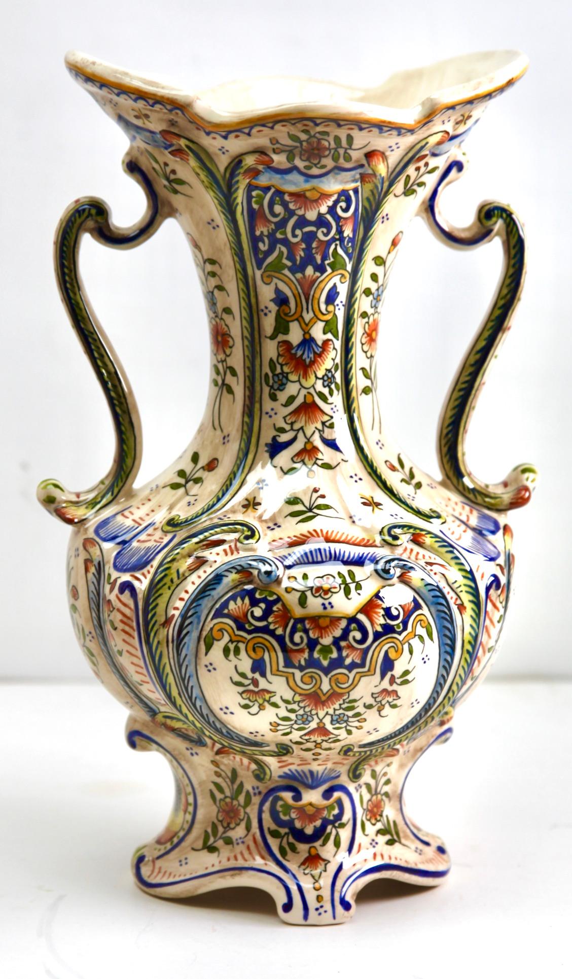 Hand-Crafted Early 20th Century French Hand-Painted Faience Vasse from Rouen For Sale