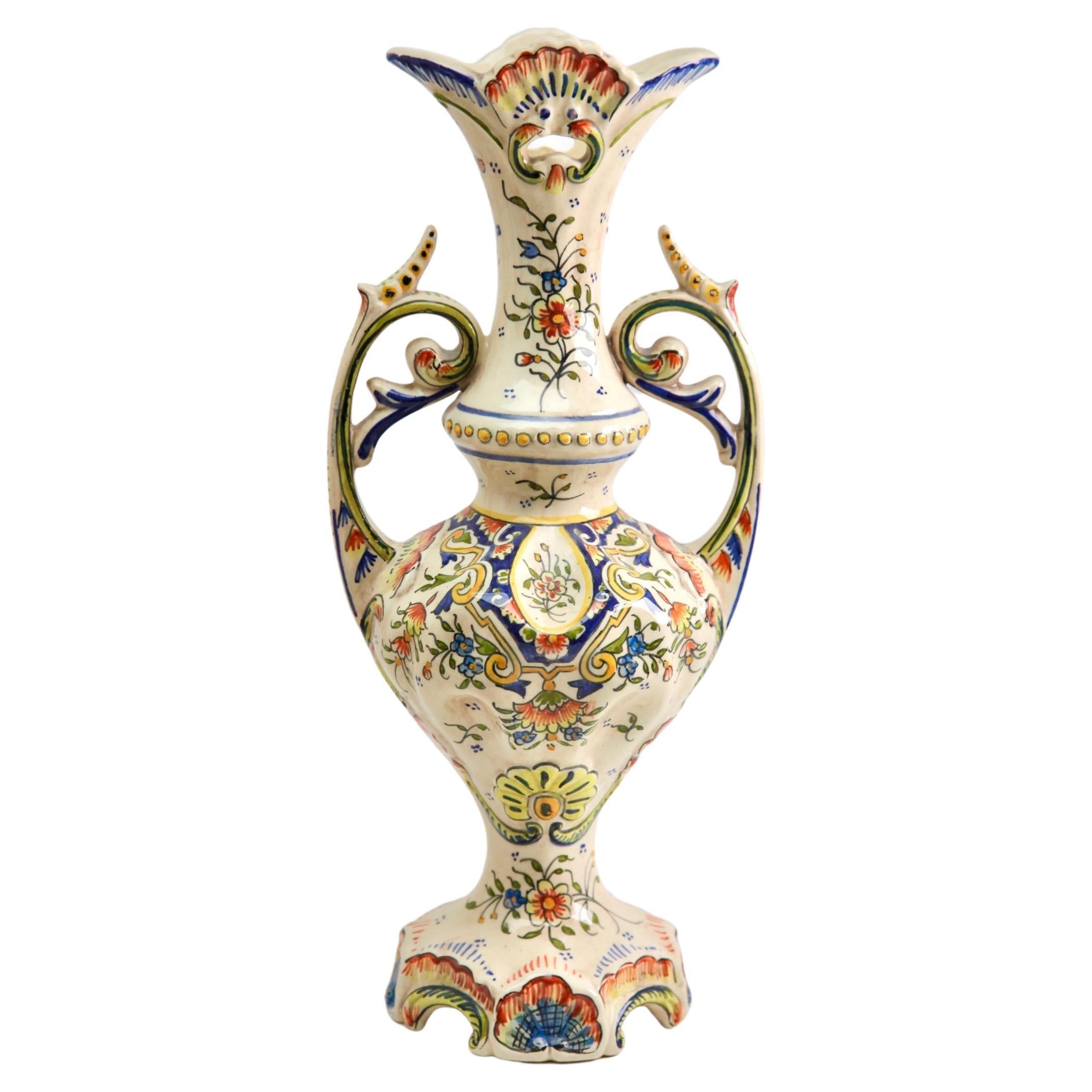Französische handbemalte Fayence-Vase aus Rouen, frühes 20. Jahrhundert