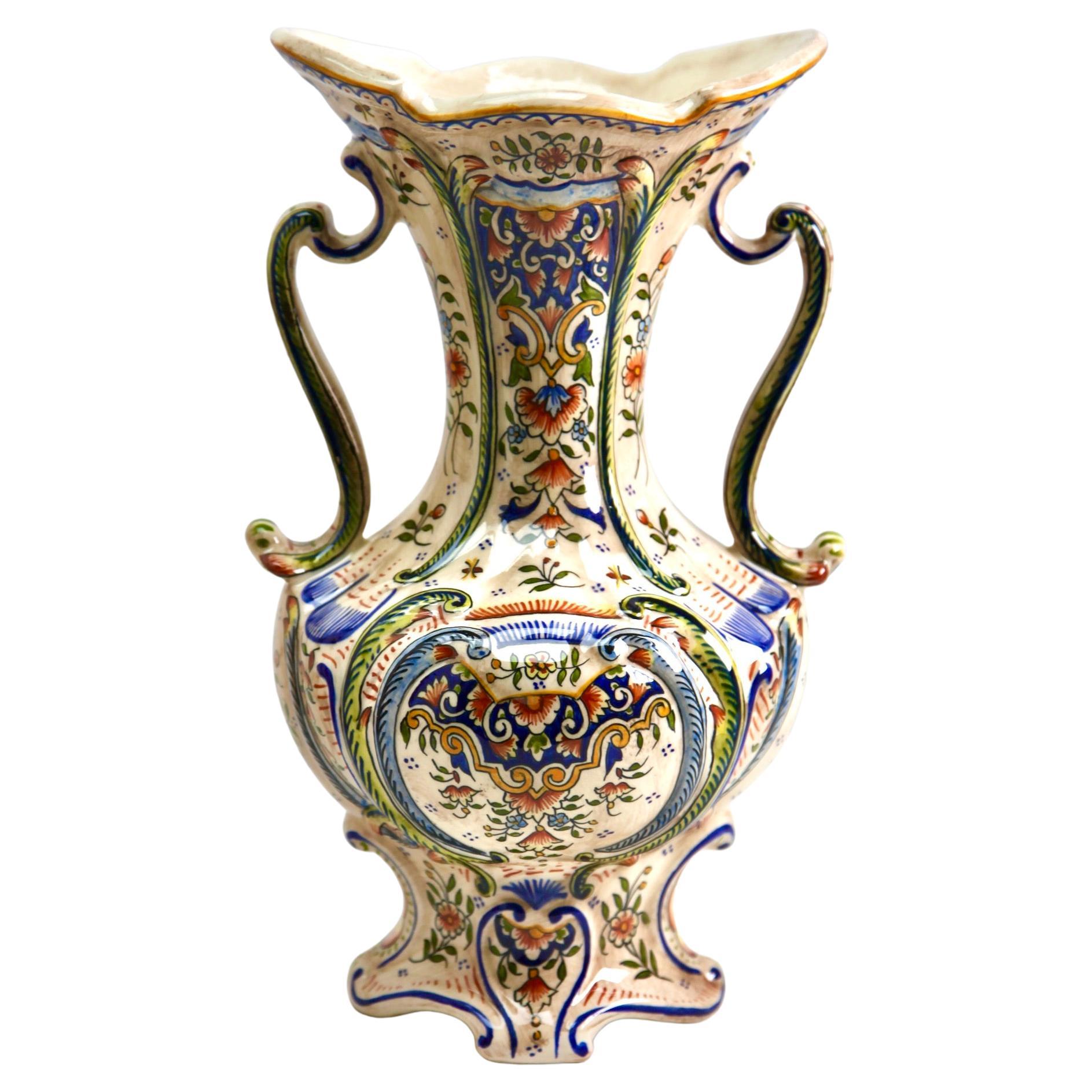 Early 20th Century French Hand-Painted Faience Vasse from Rouen For Sale