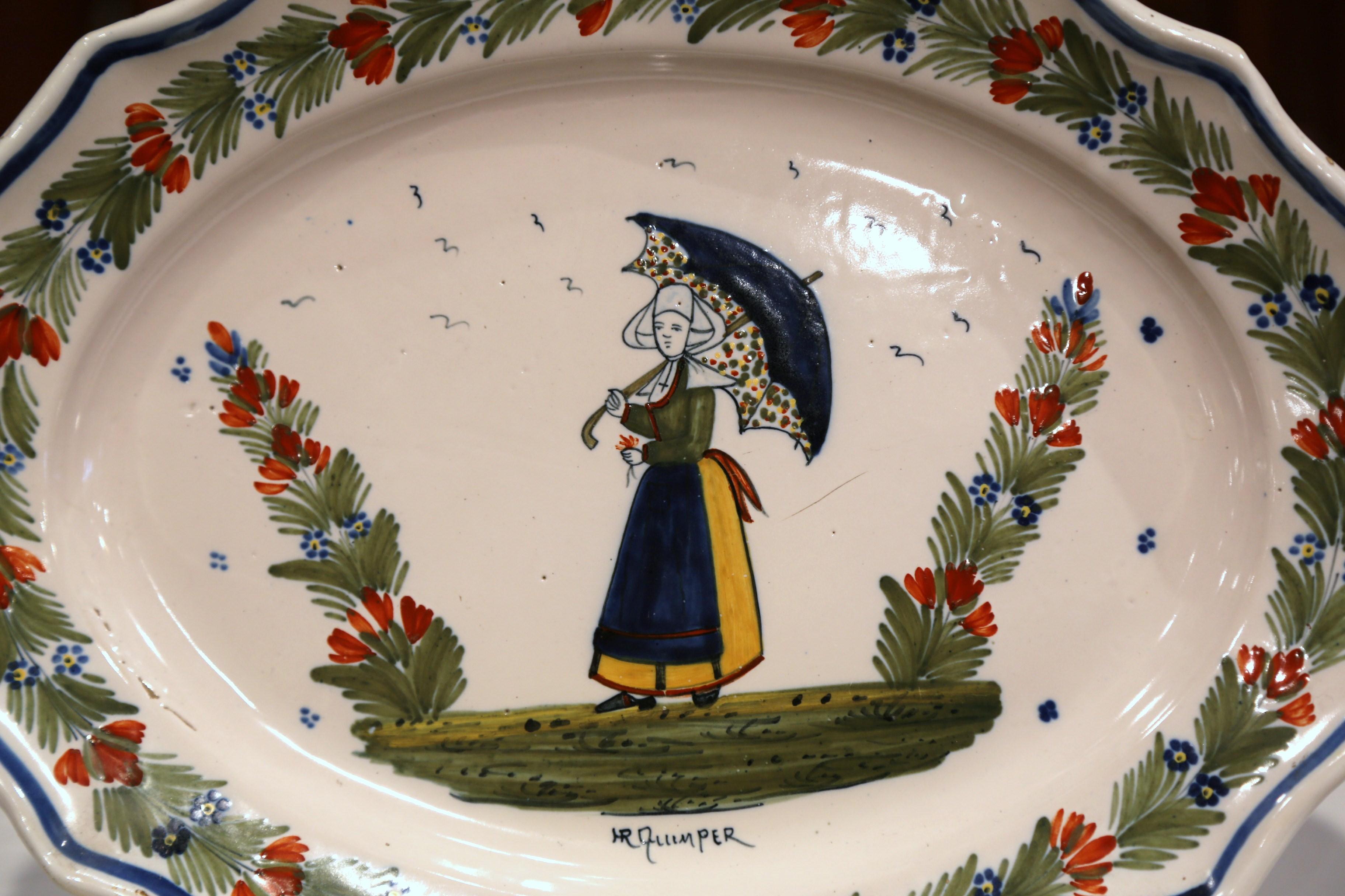 Early 20th Century French Hand-Painted Faience Wall Platter Signed HR Quimper In Excellent Condition For Sale In Dallas, TX