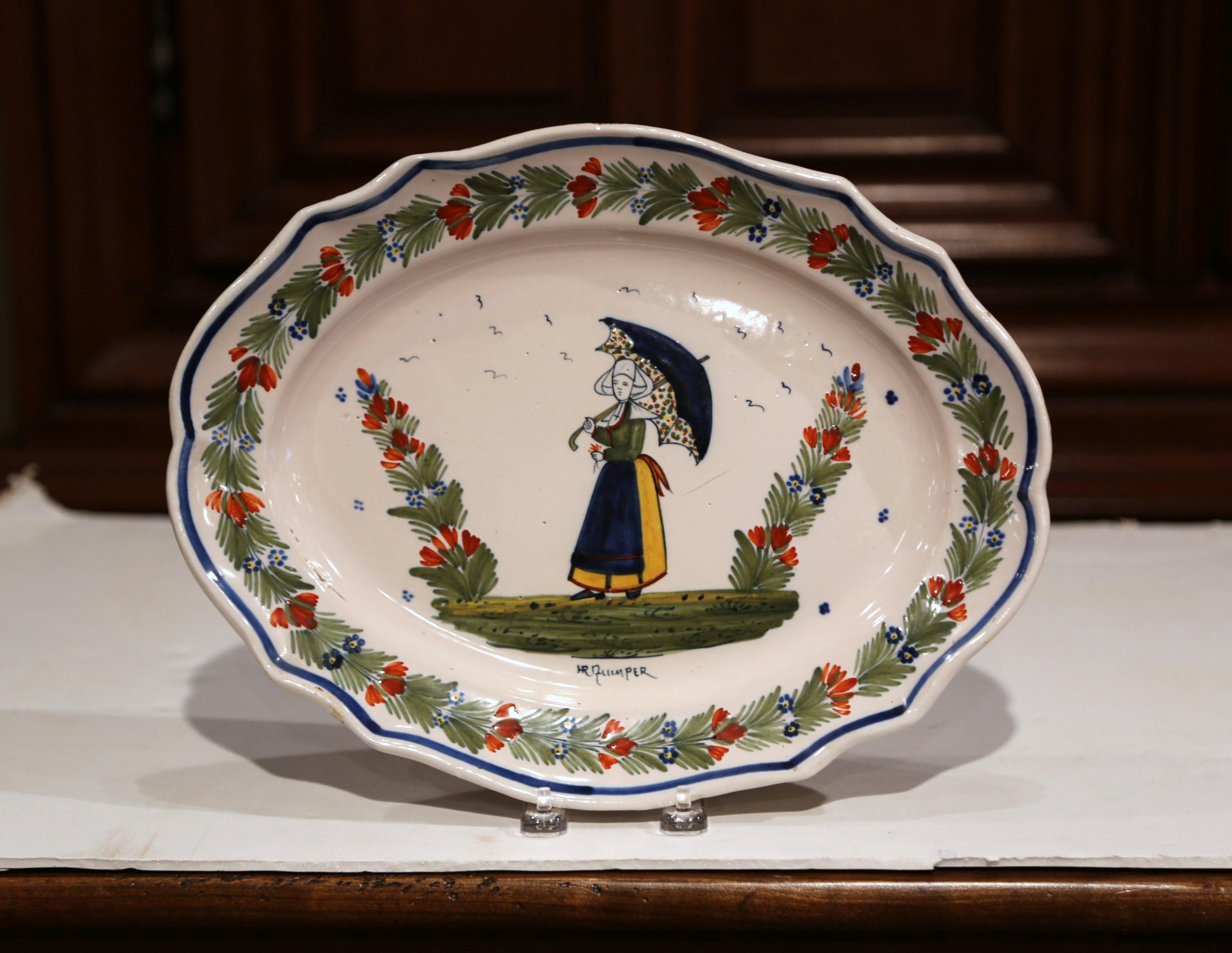 Early 20th Century French Hand-Painted Faience Wall Platter Signed HR Quimper For Sale 1