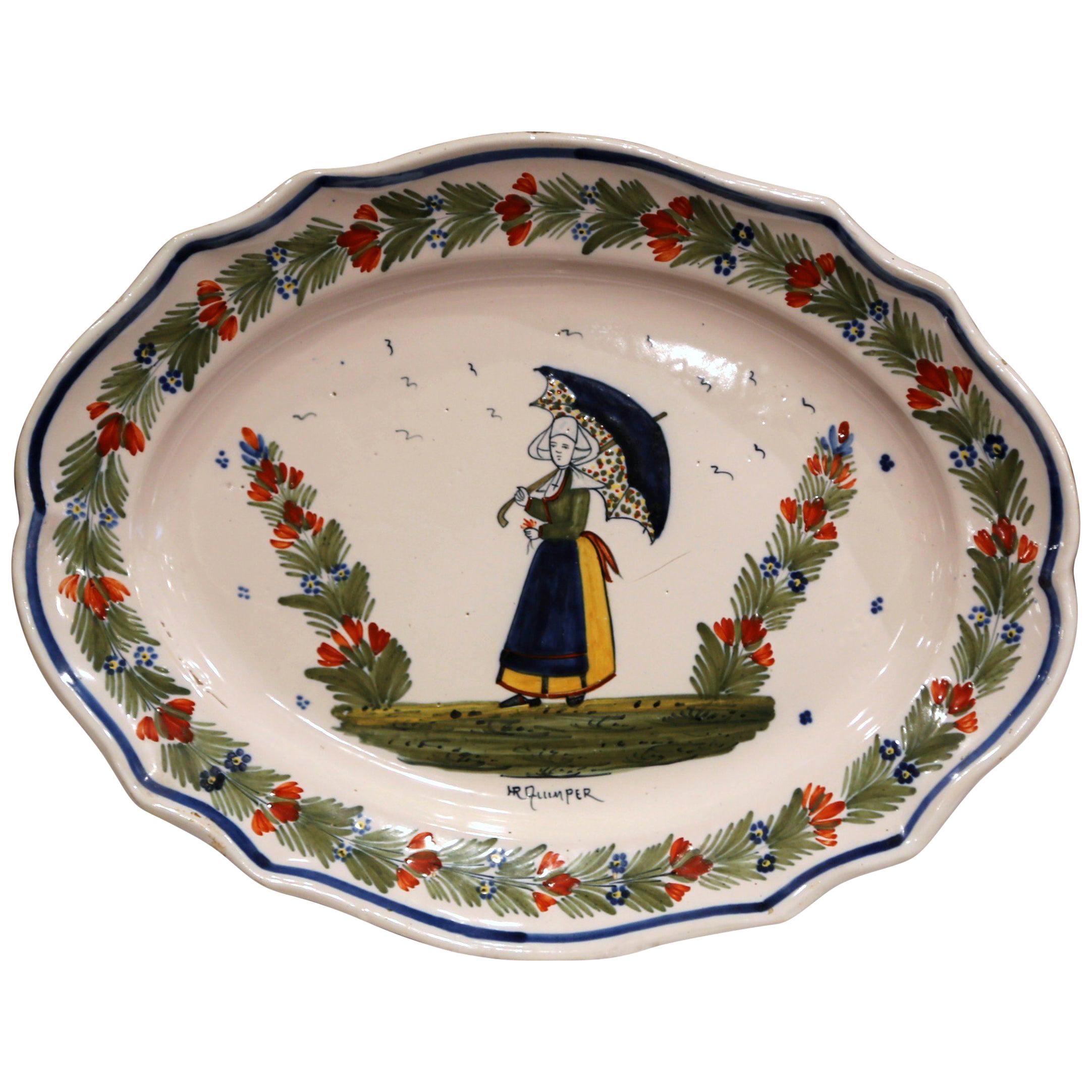 Early 20th Century French Hand-Painted Faience Wall Platter Signed HR Quimper For Sale