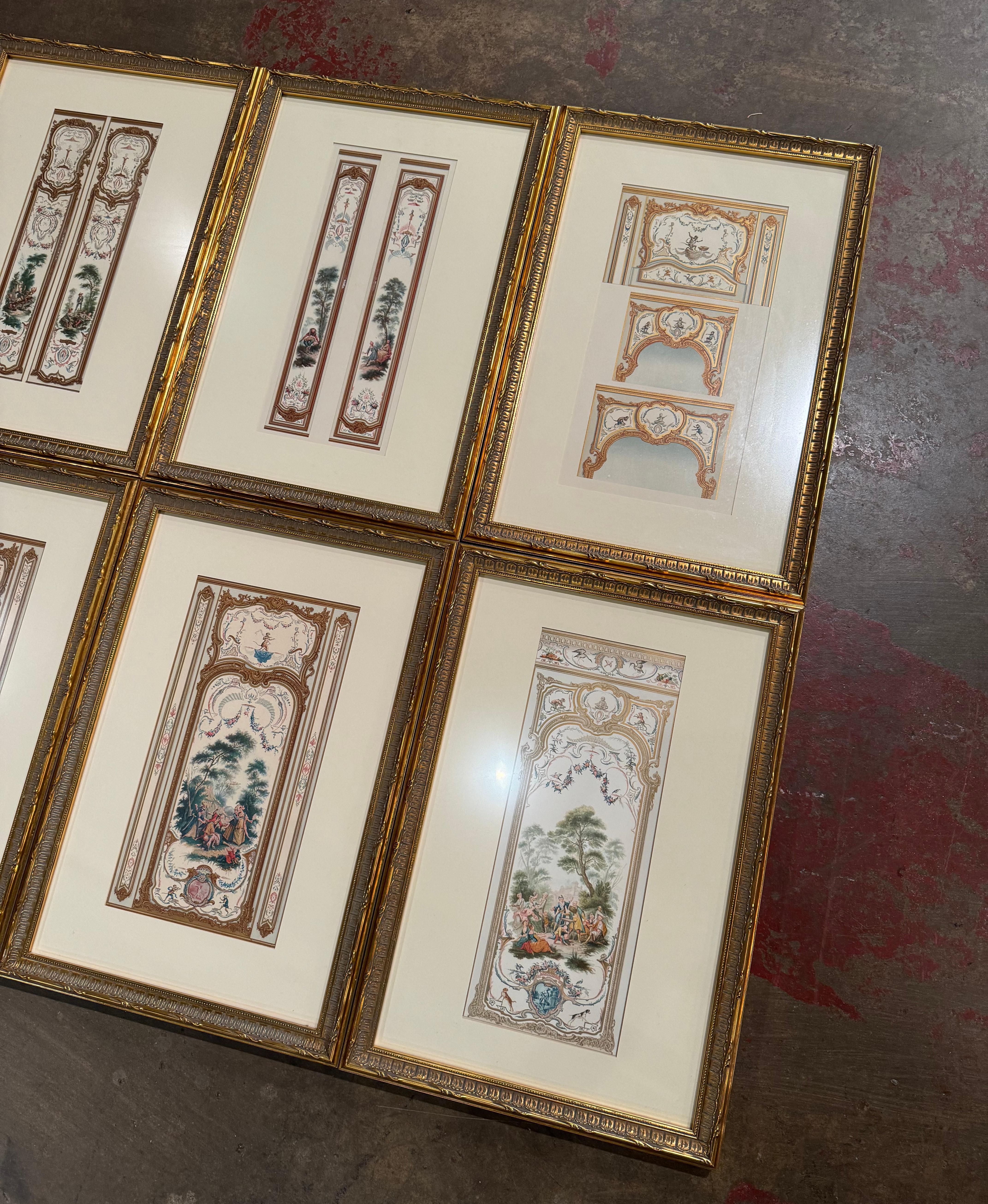 Gilt Early 20th Century French Hand Painted & Framed Architectural Drawings, Set of 8 For Sale