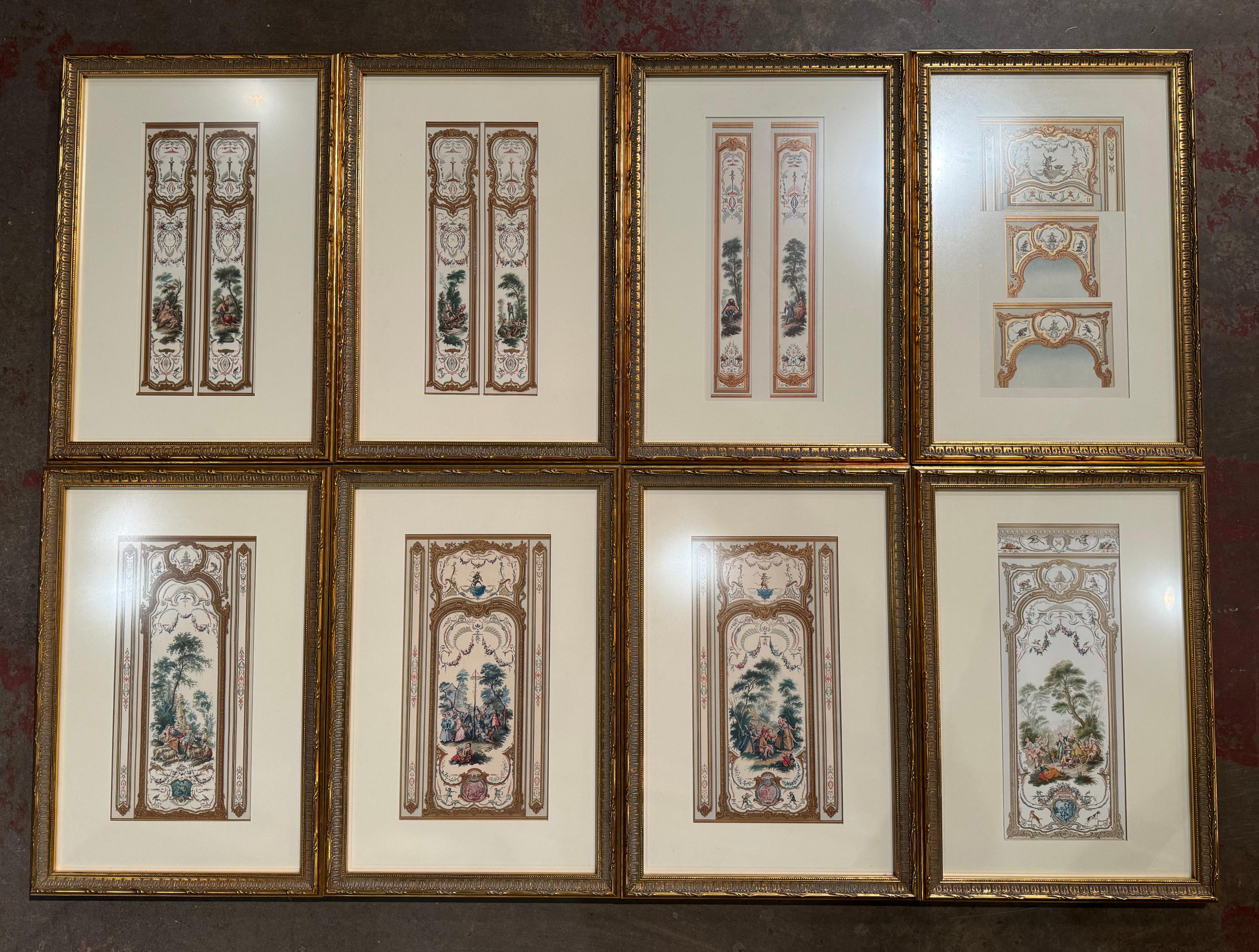 Set von 8 französischen handbemalten und gerahmten architektonischen Zeichnungen des frühen 20. Jahrhunderts (Vergoldet) im Angebot