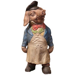 Used Early 20th Century French Hand Painted Restaurant Terracotta Pig Sculpture