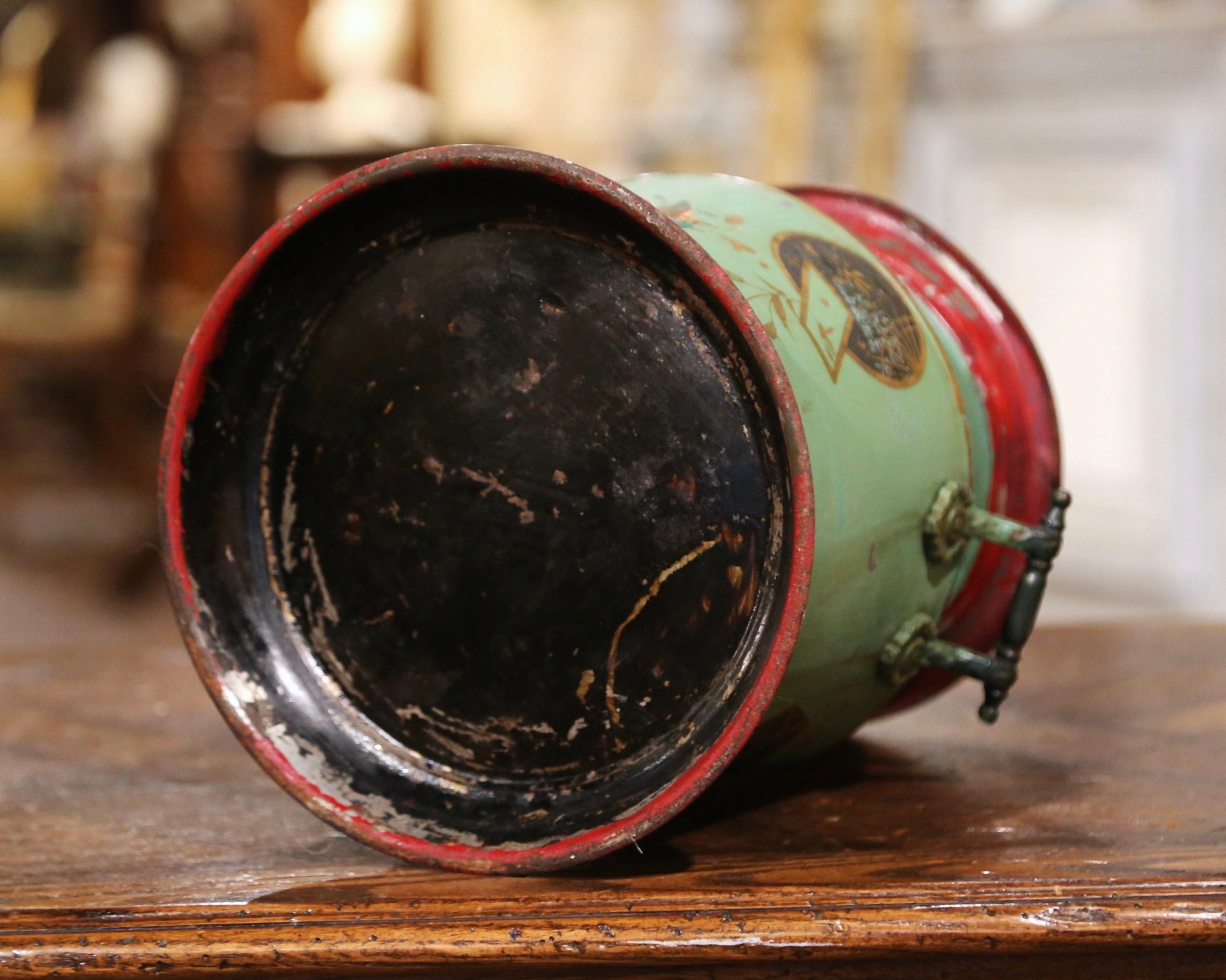 Early 20th Century French Hand Painted Tole Bucket with Lid For Sale 5