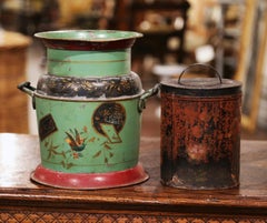 Early 20th Century French Hand Painted Tole Bucket with Lid
