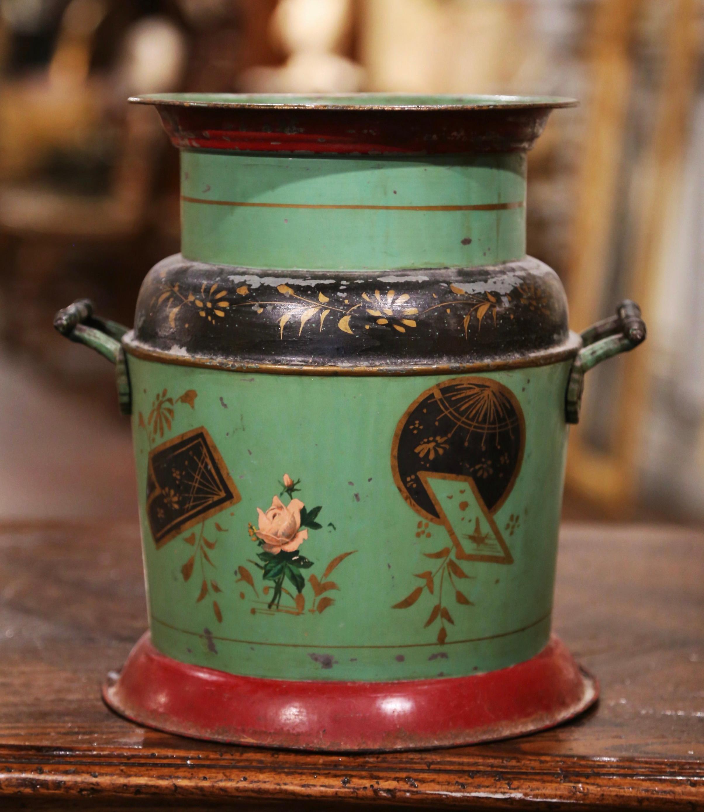 Country Early 20th Century French Hand Painted Tole Bucket with Lid For Sale