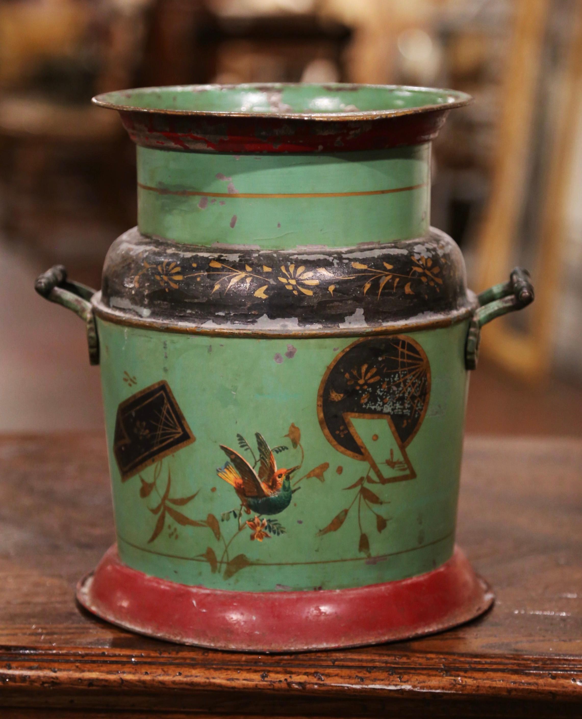 Hand-Painted Early 20th Century French Hand Painted Tole Bucket with Lid For Sale