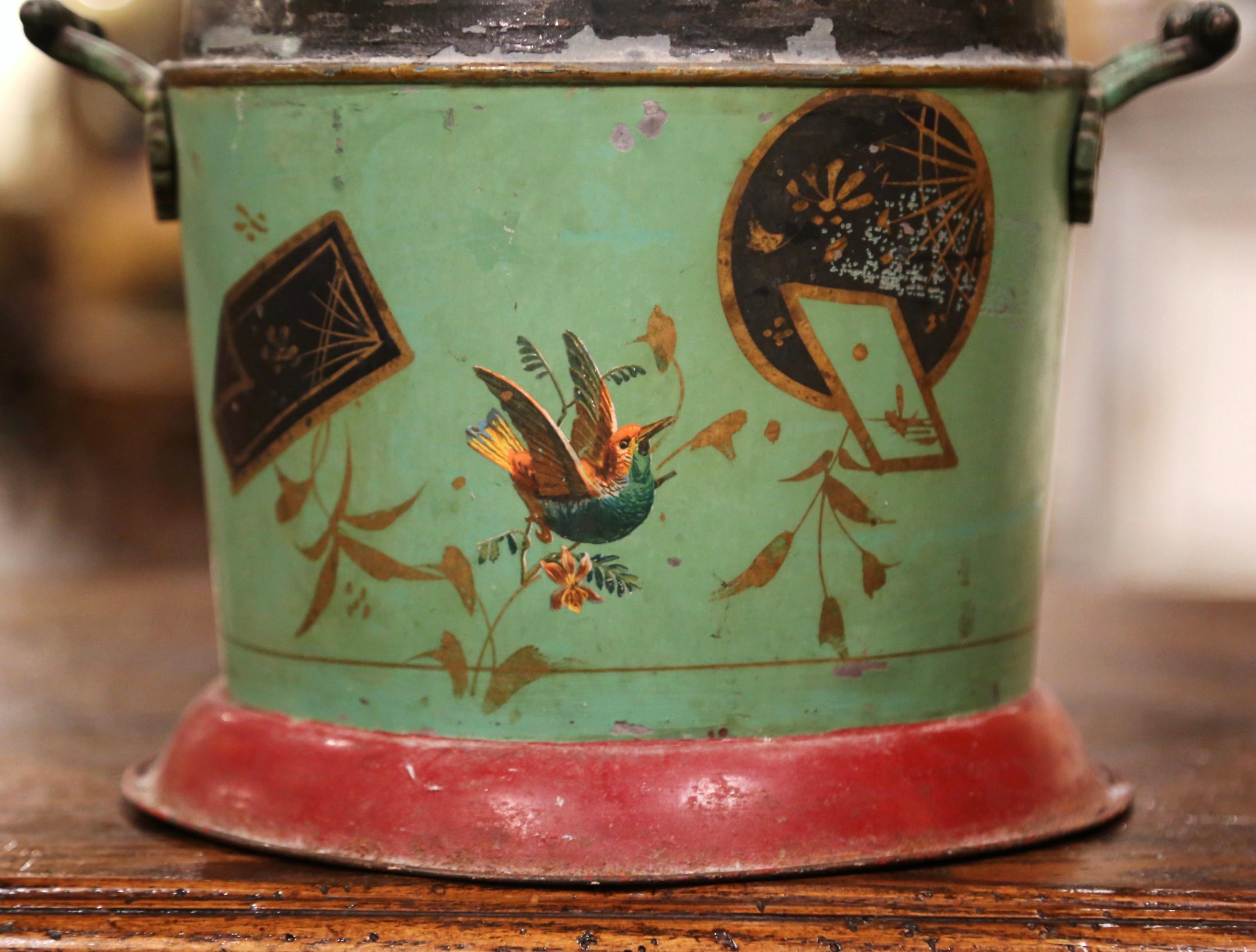 Early 20th Century French Hand Painted Tole Bucket with Lid In Good Condition For Sale In Dallas, TX