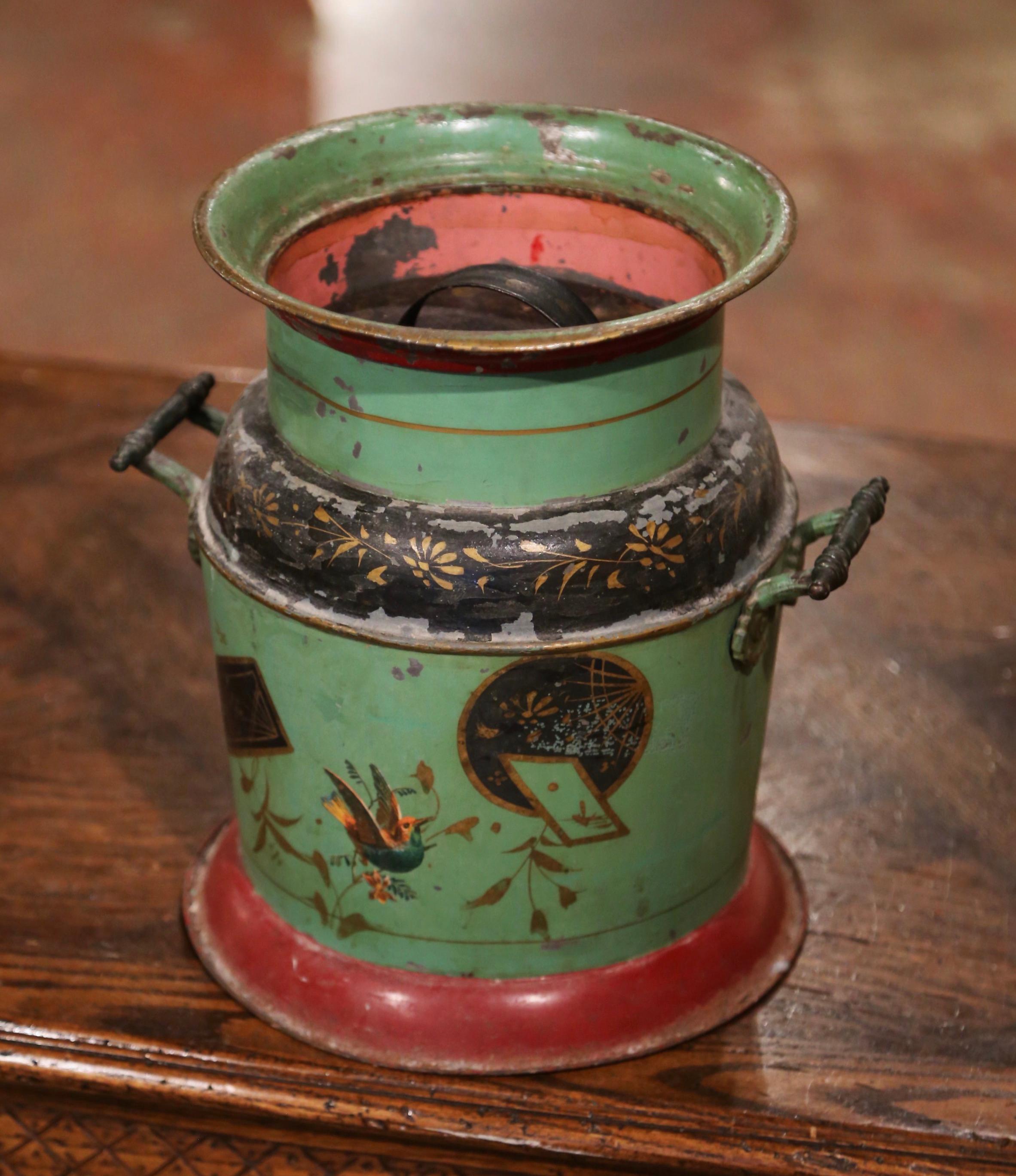 Metal Early 20th Century French Hand Painted Tole Bucket with Lid For Sale