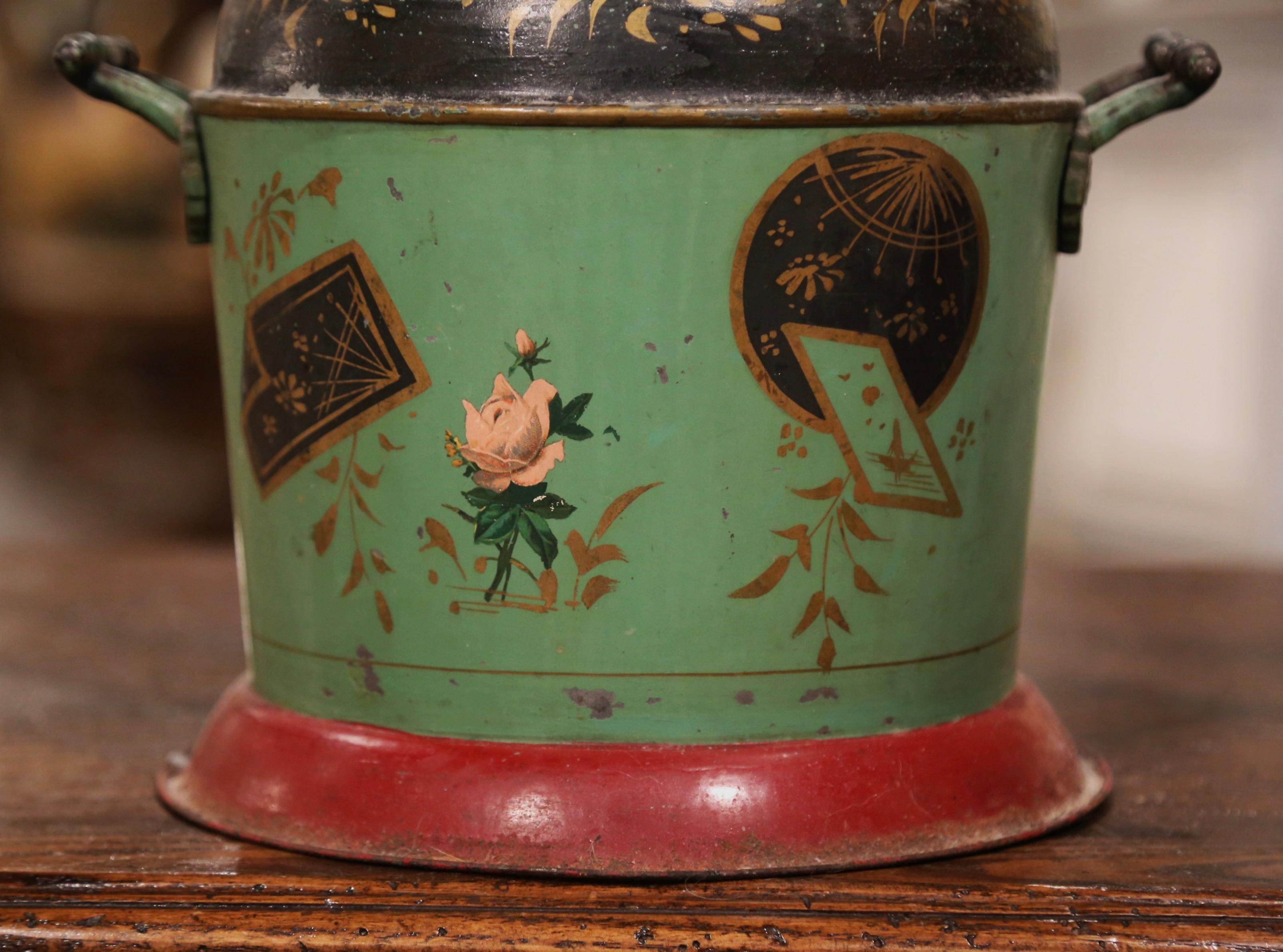 Early 20th Century French Hand Painted Tole Bucket with Lid For Sale 1