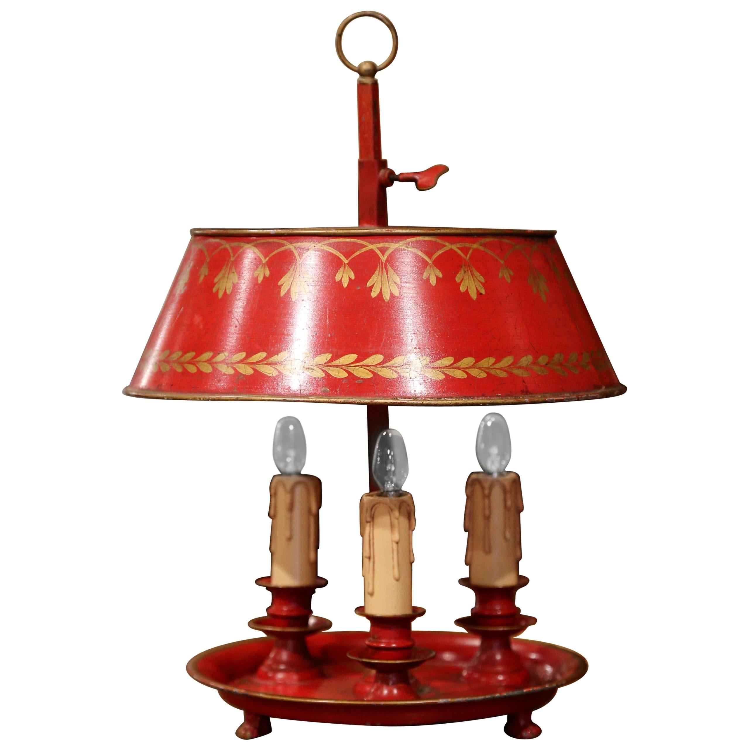 Early 20th Century French Hand Painted Tole Three-Light Bouillotte Table Lamp