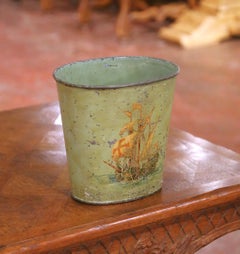 Early 20th Century French Hand-Painted Tole Waste Basket with Sailing Ship