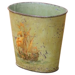 Early 20th Century French Hand-Painted Tole Waste Basket with Sailing Ship