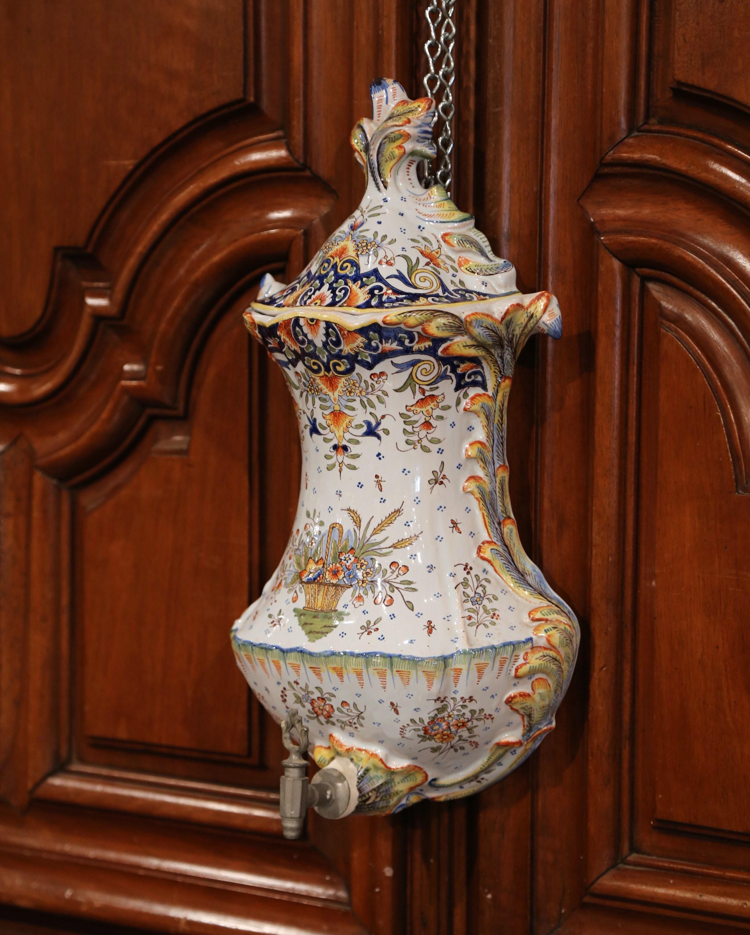 Louis XV Early 20th Century, French Hand Painted Wall Faience Lavabo Fountain from Rouen