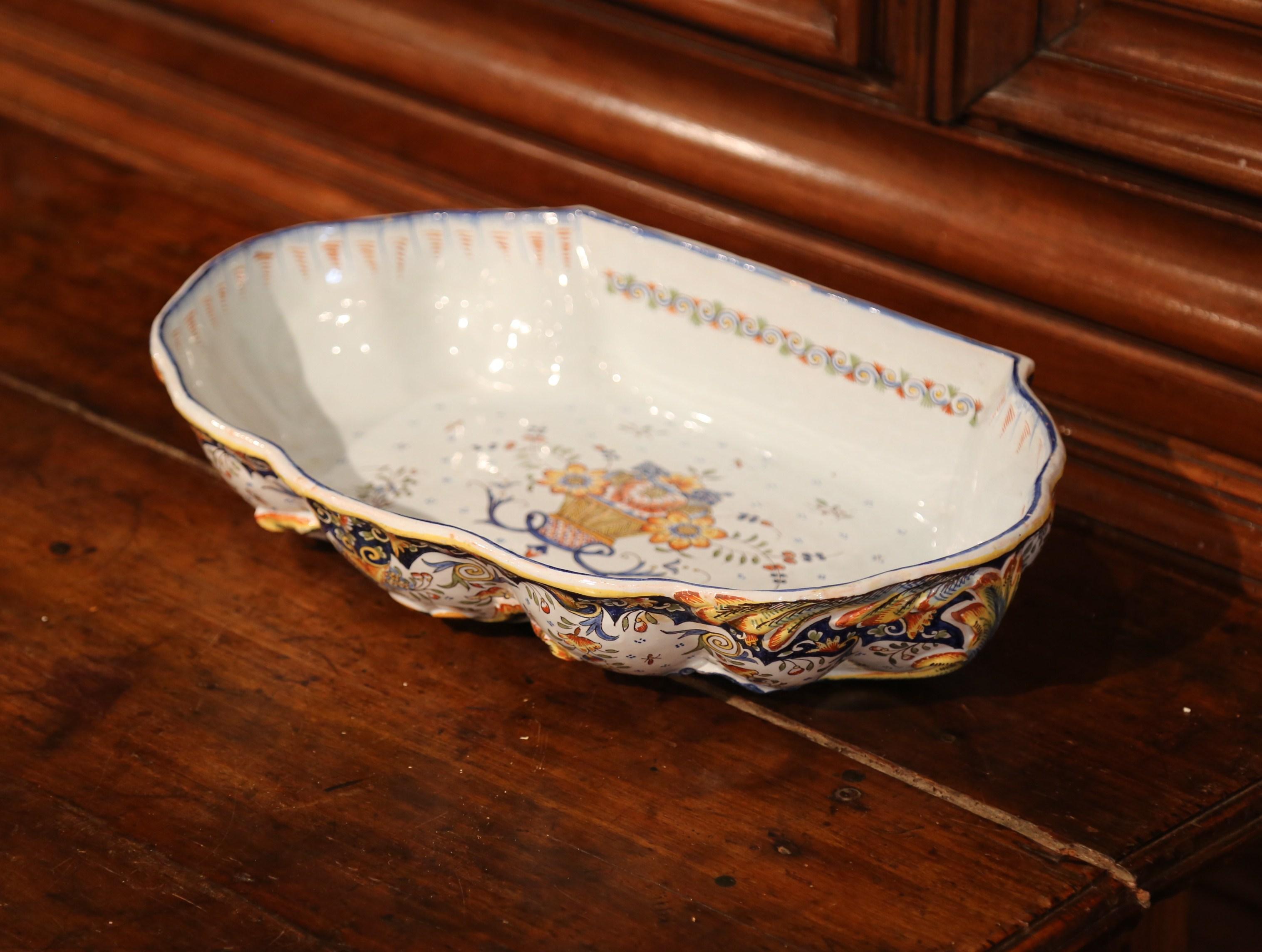 Hand-Crafted Early 20th Century, French Hand Painted Wall Faience Lavabo Fountain from Rouen