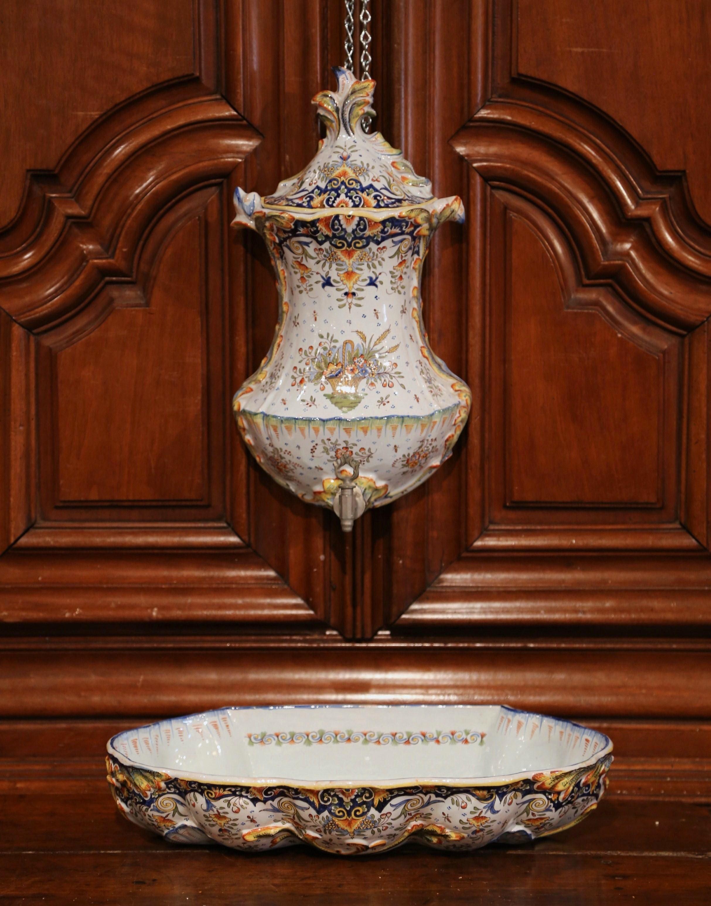 Early 20th Century, French Hand Painted Wall Faience Lavabo Fountain from Rouen In Excellent Condition In Dallas, TX
