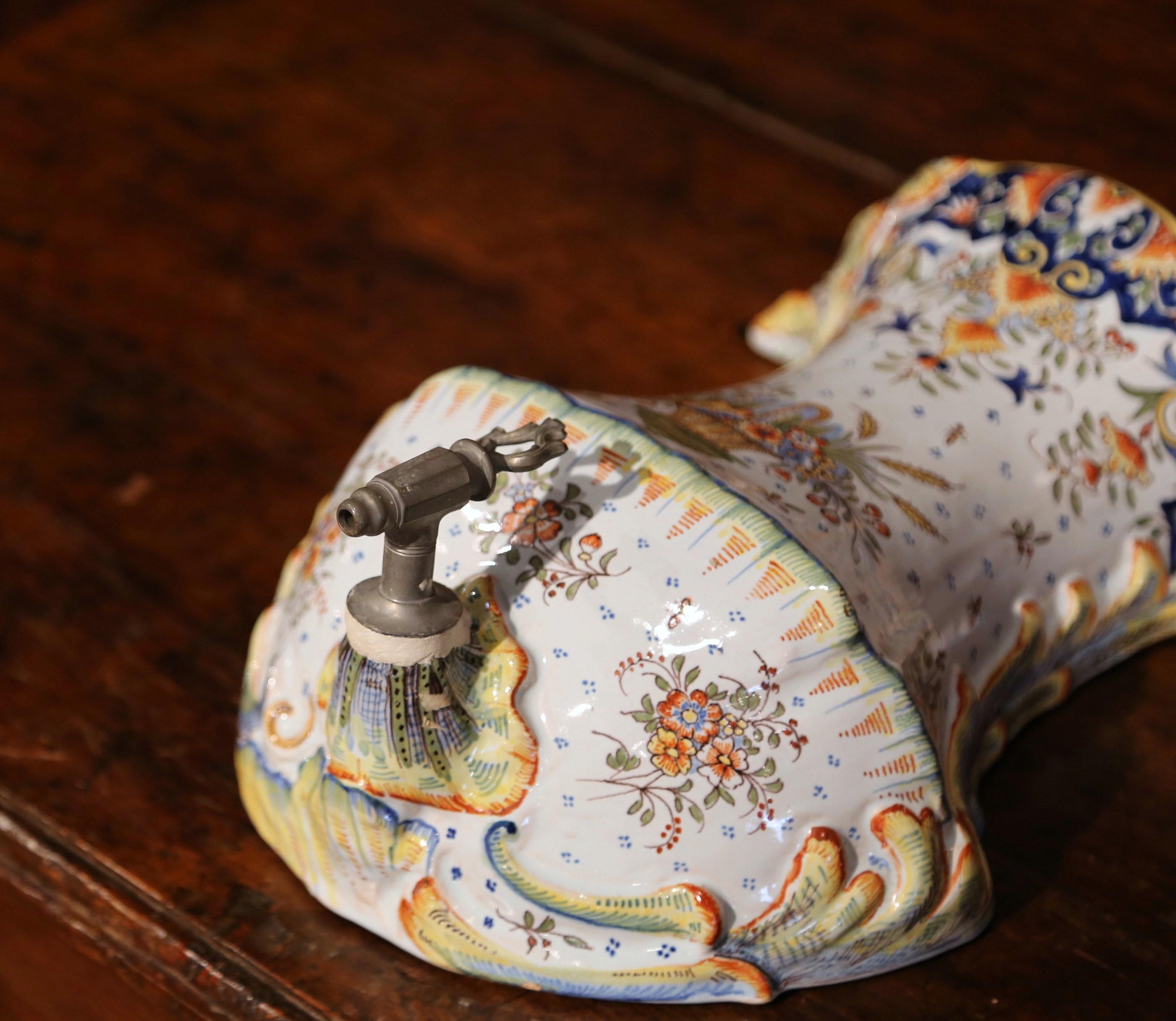 Ceramic Early 20th Century, French Hand Painted Wall Faience Lavabo Fountain from Rouen