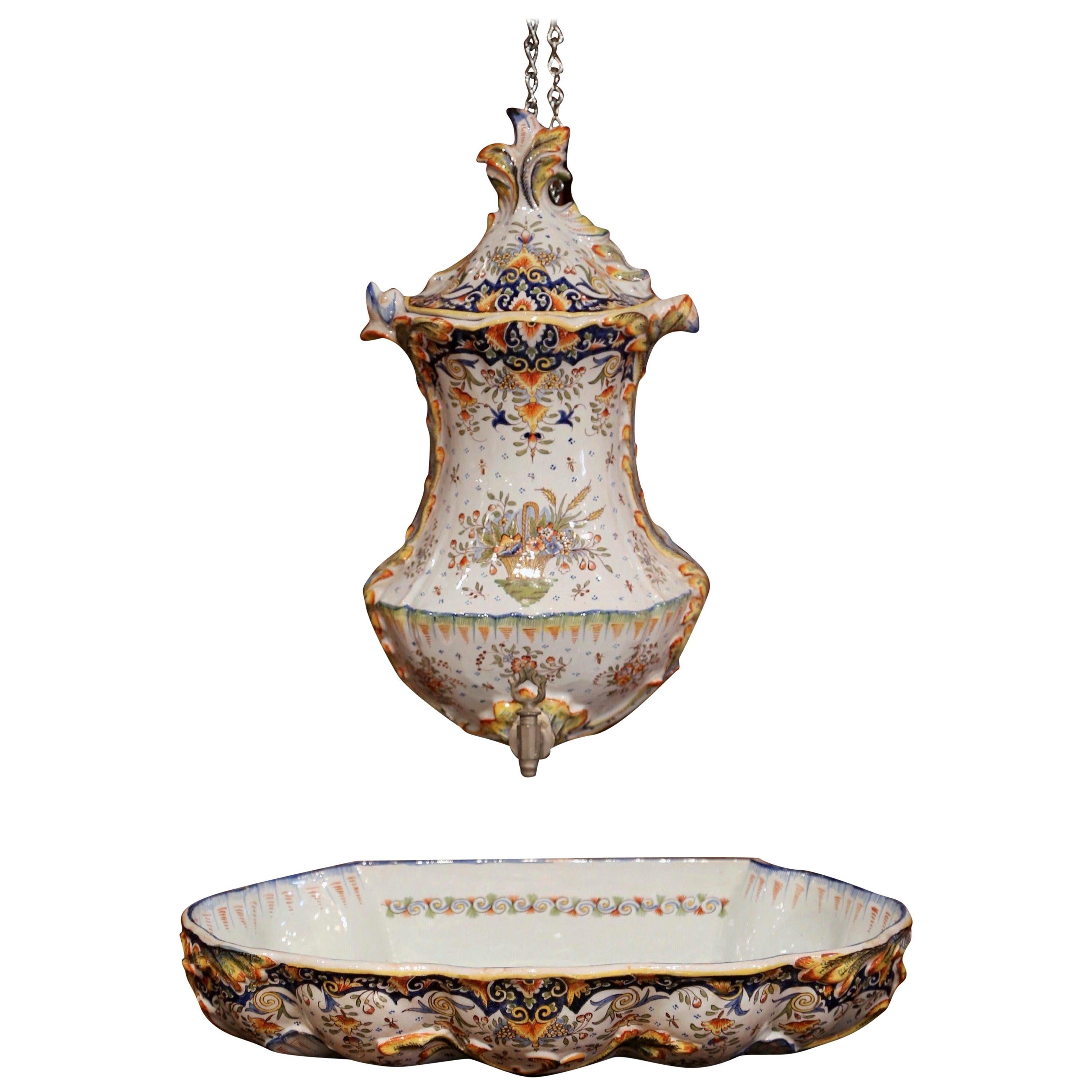 Early 20th Century, French Hand Painted Wall Faience Lavabo Fountain from Rouen