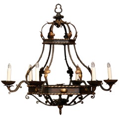Antique Early 20th Century French Hexagonal Painted Iron Six-Light Chandelier