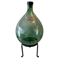 Vintage Early 20th Century French "Huile De Noix" Green Glass Demijohn 