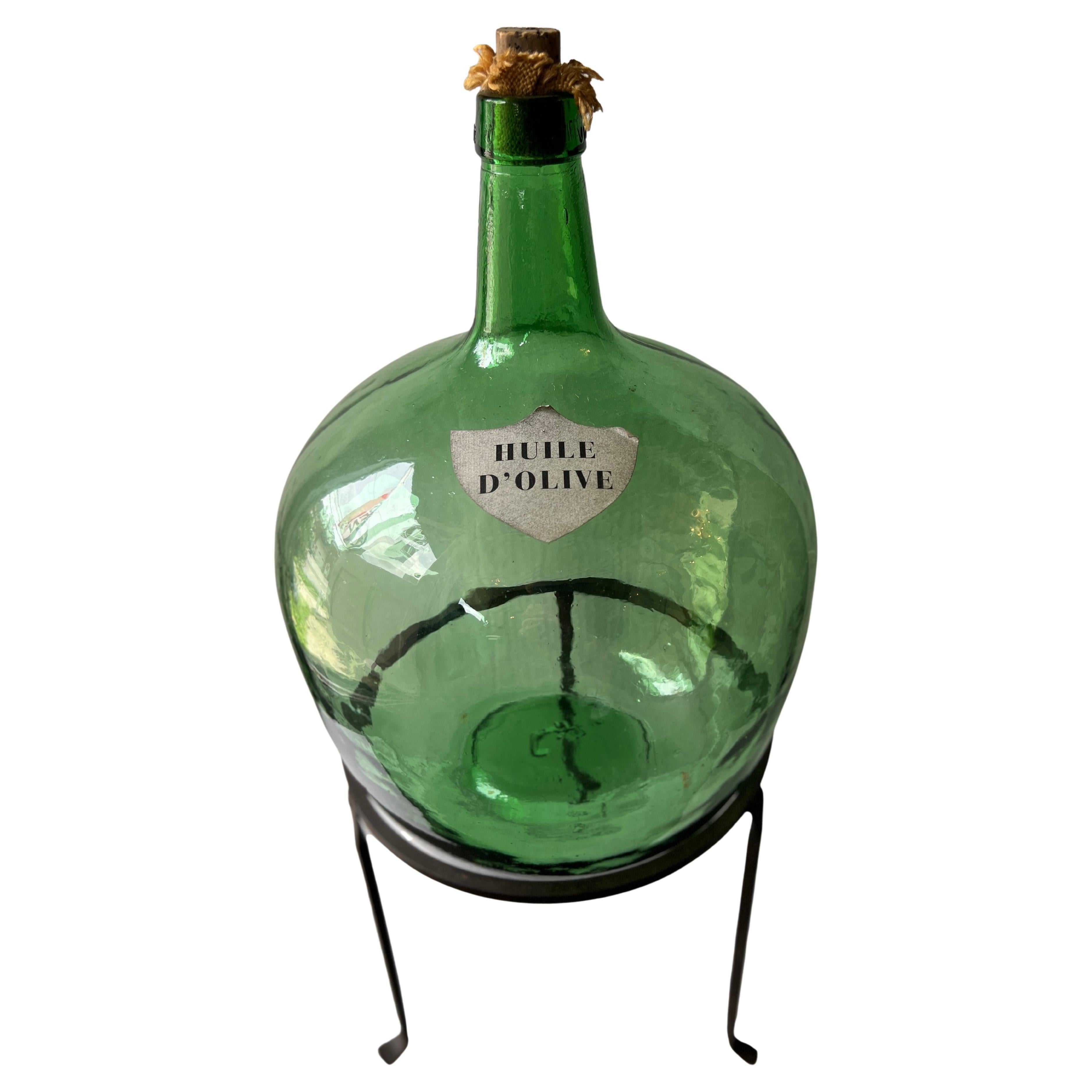 Demijohn en verre vert "Huile d'Olive" français du début du 20e siècle 