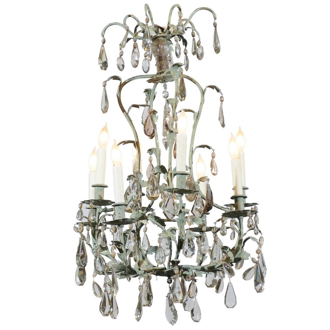 Early 20th Century French Iron and Crystal Chandelier, circa 1900 For Sale