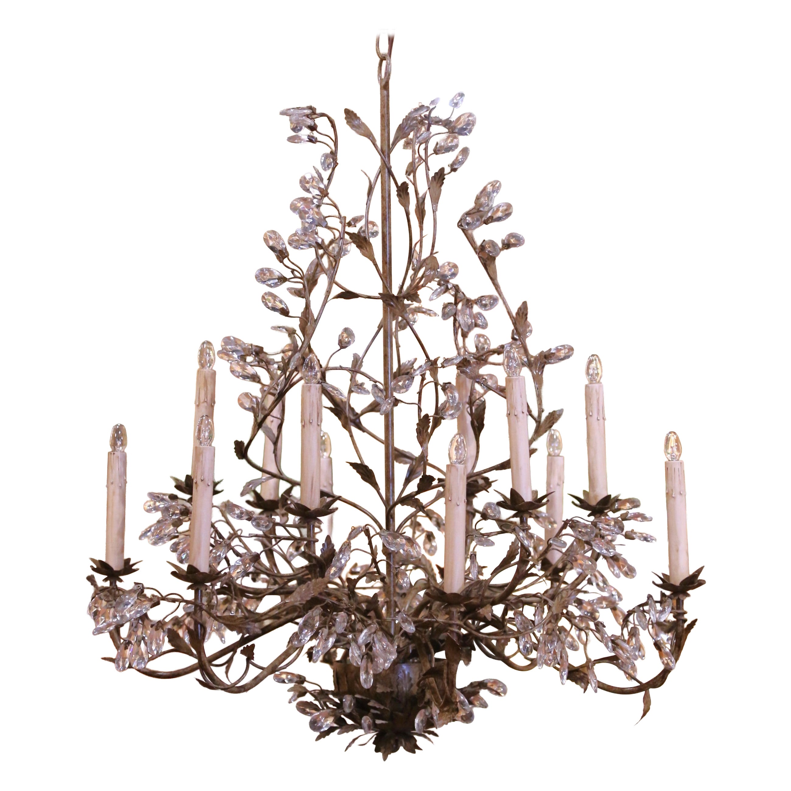 Early 20th Century French Iron and Crystal Floral Chandelier