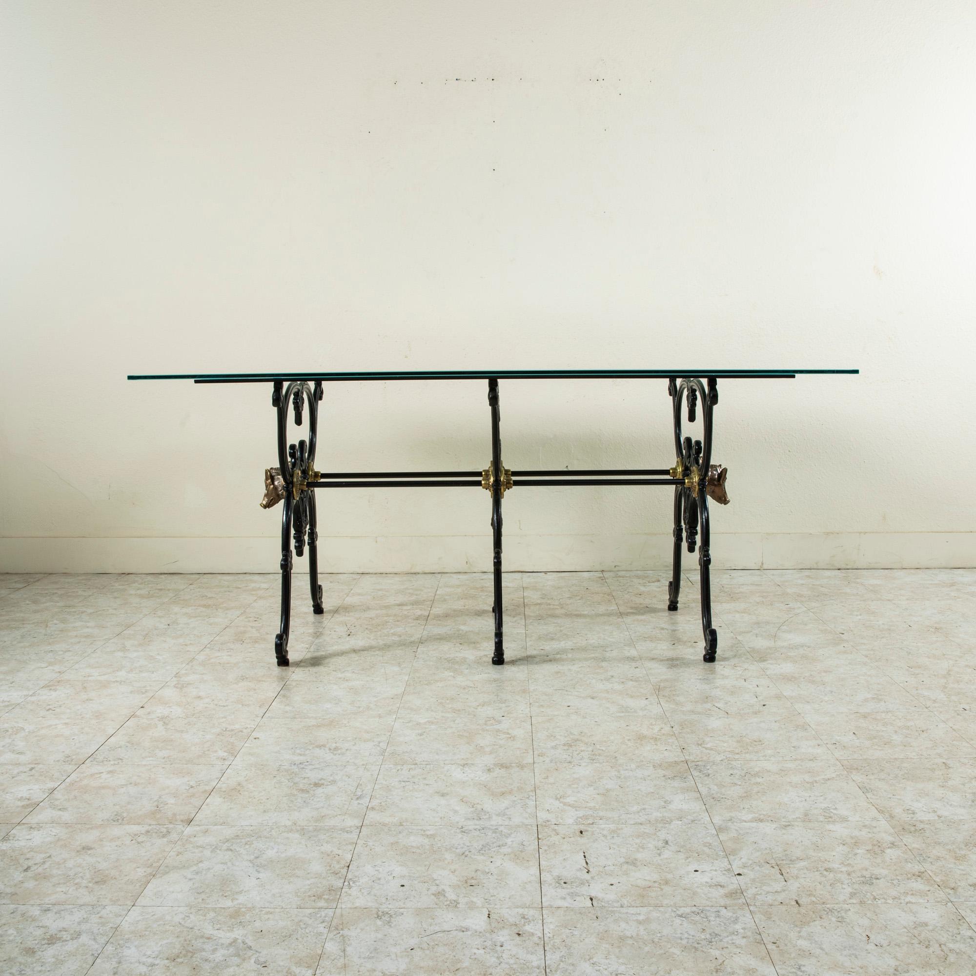 Bronze Early 20th Century French Iron and Glass Dining Table with Wild Boars For Sale