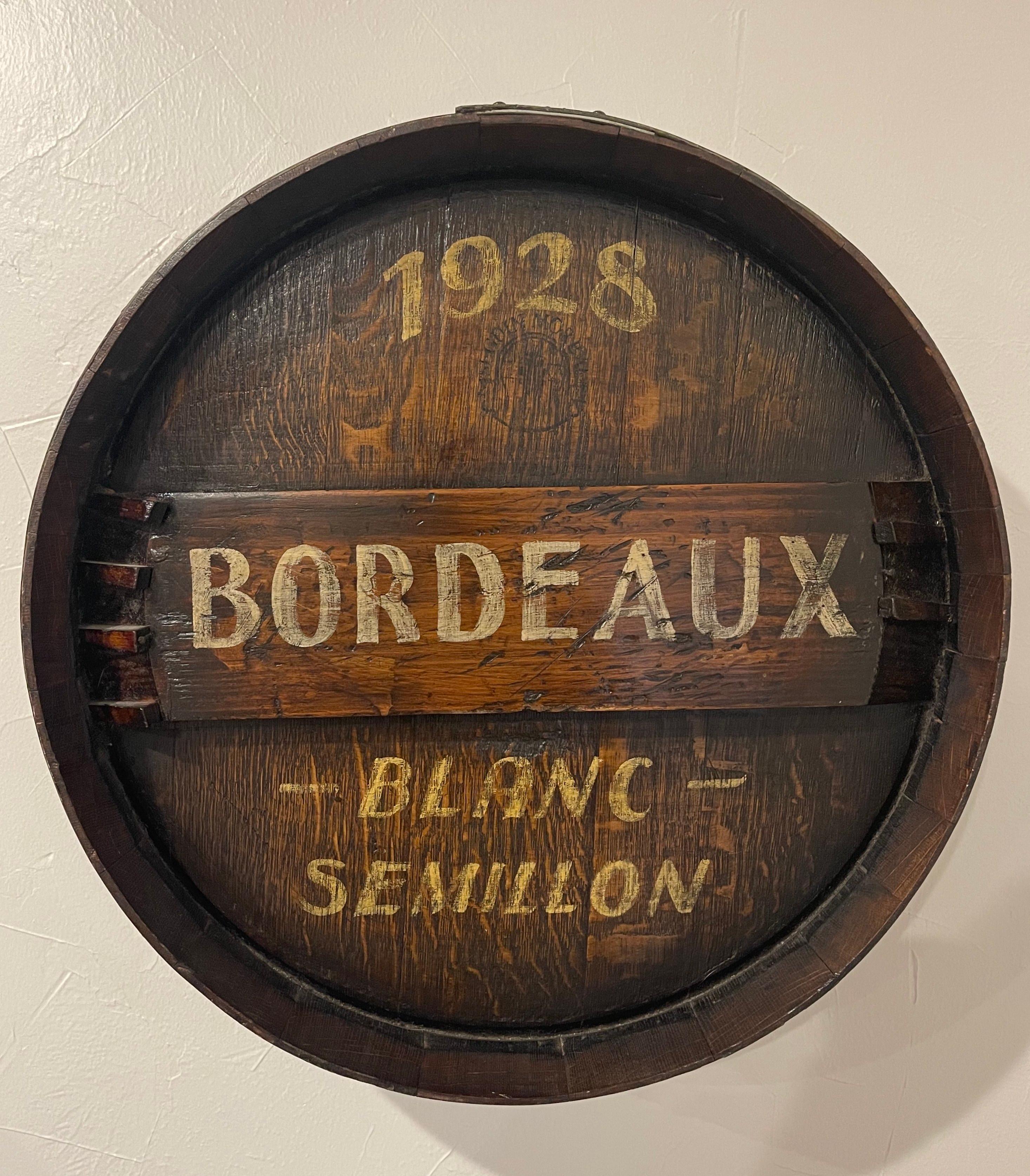 Early 20th Century French Iron and Oak Decorative Wine Barrel Top Dated, 1928 In Excellent Condition For Sale In Dallas, TX