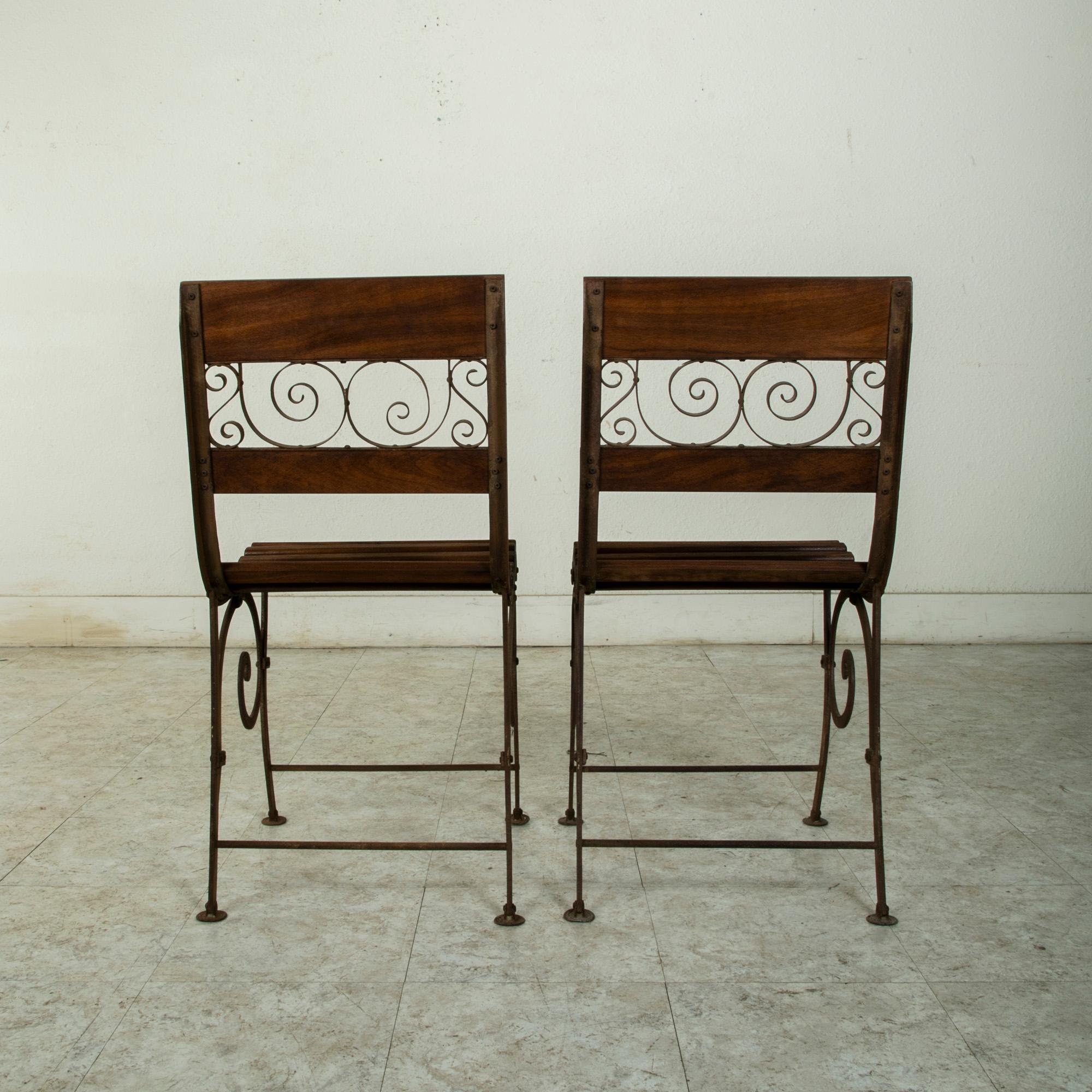 Early 20th Century French Iron and Wooden Bistro Set, Table and Two Chairs 2