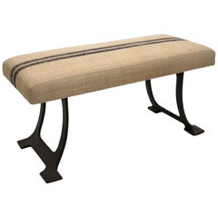 Early 20th Century French Iron Bench Upholstered in Belgian Linen